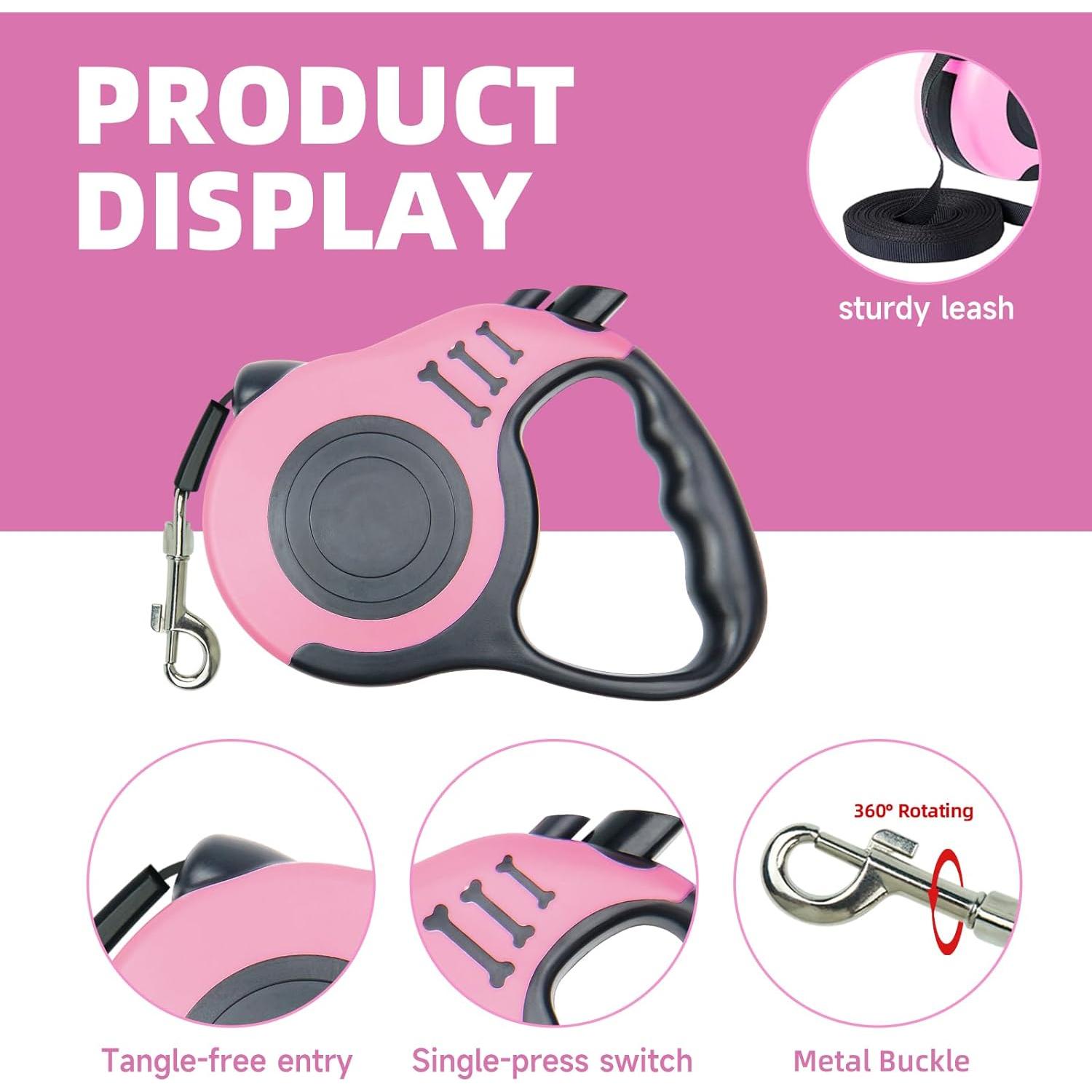 Correa de Perro Retráctil 3m Rosa con Tazón y Dispensador