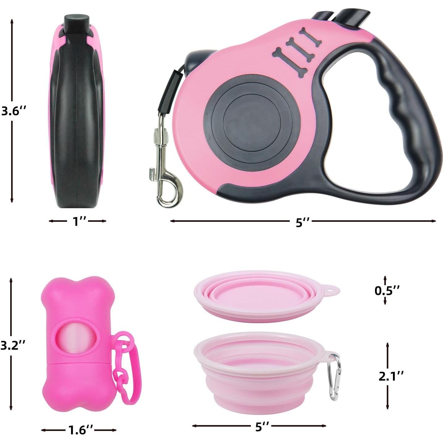 Correa de Perro Retráctil 3m Rosa con Tazón y Dispensador