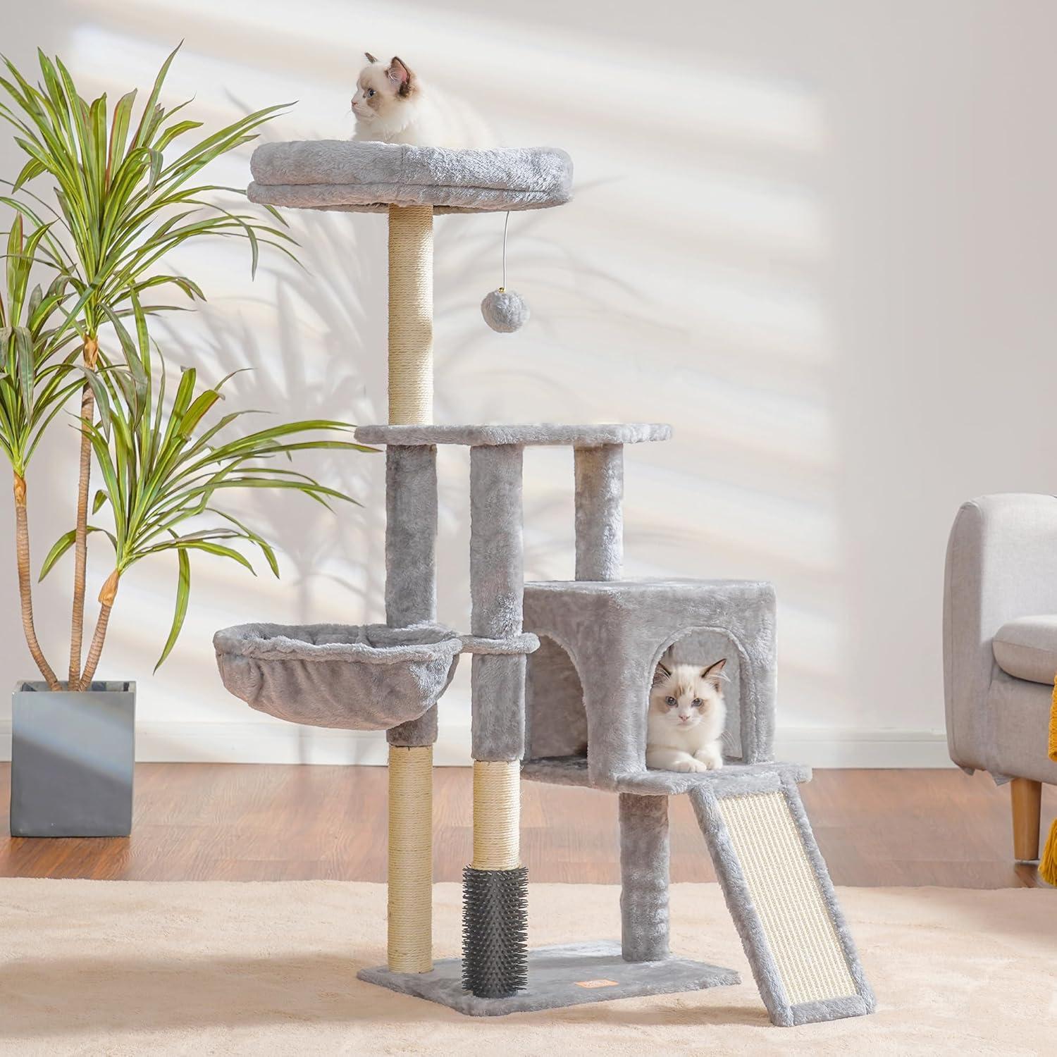 Árbol para Gatos Heybly 130 cm con Cepillo y Canasta Gris Claro