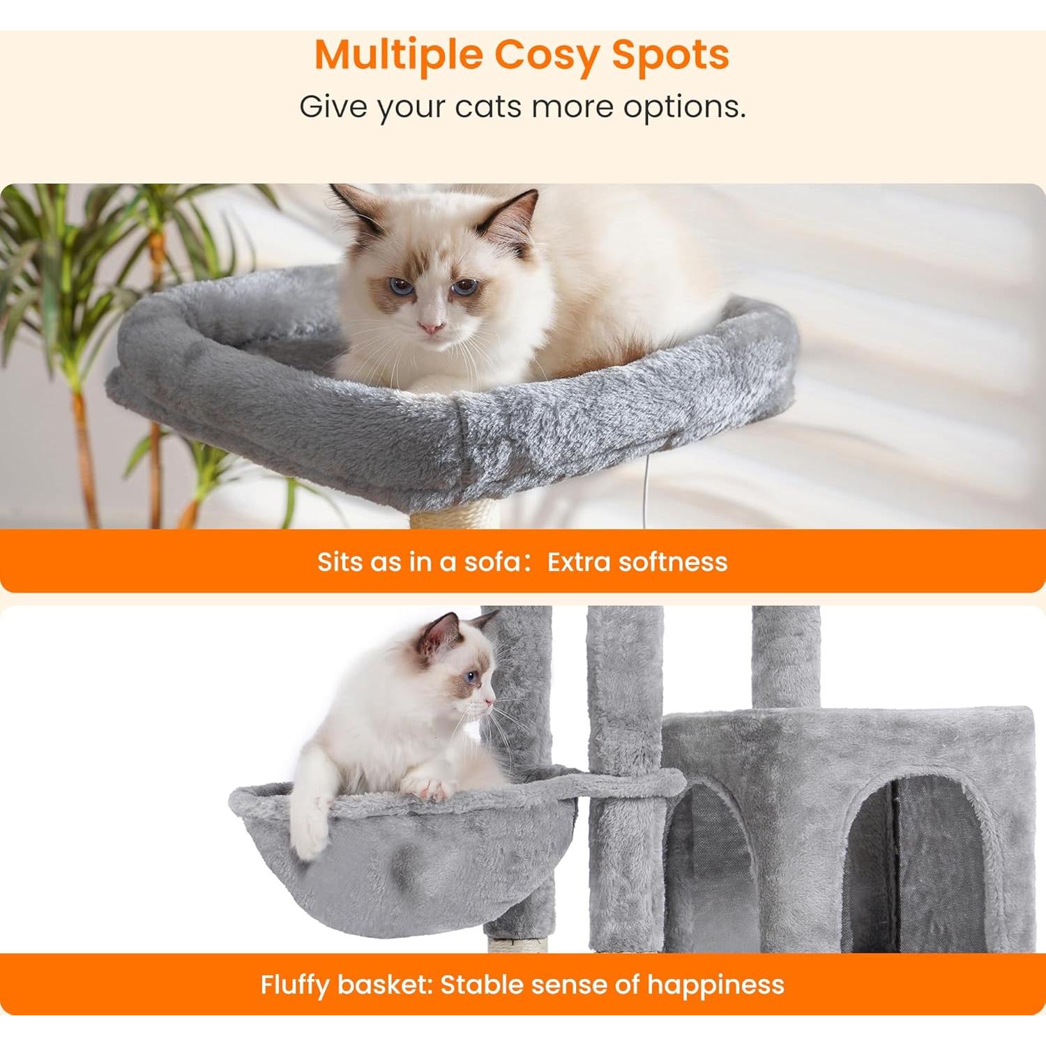 Árbol para Gatos Heybly 130 cm con Cepillo y Canasta Gris Claro