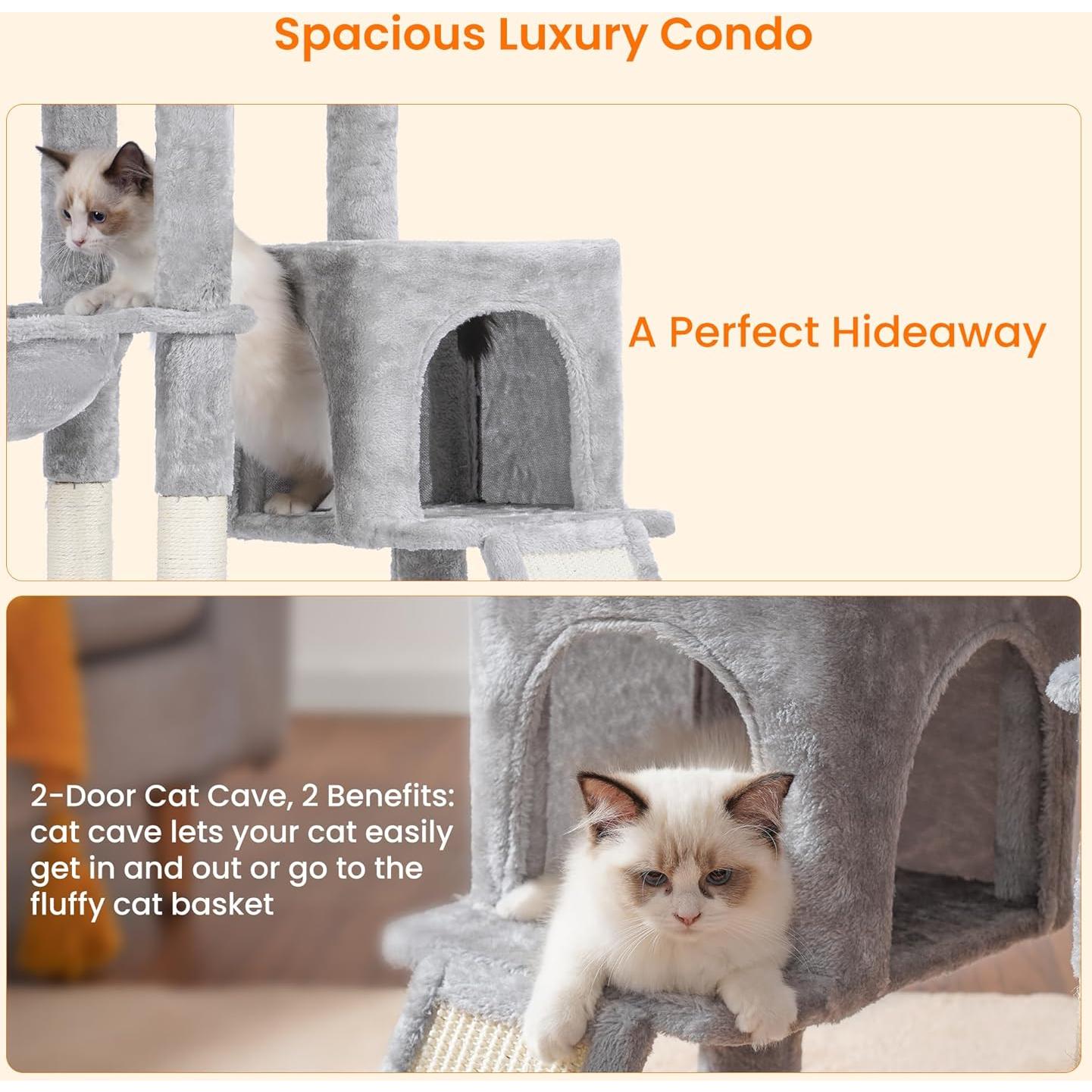 Árbol para Gatos Heybly 130 cm con Cepillo y Canasta Gris Claro