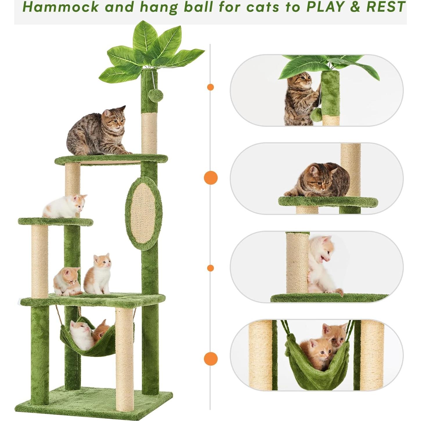 Árbol para Gatos TSCOMON 139.7 cm Verde con Hamaca y Rascadores