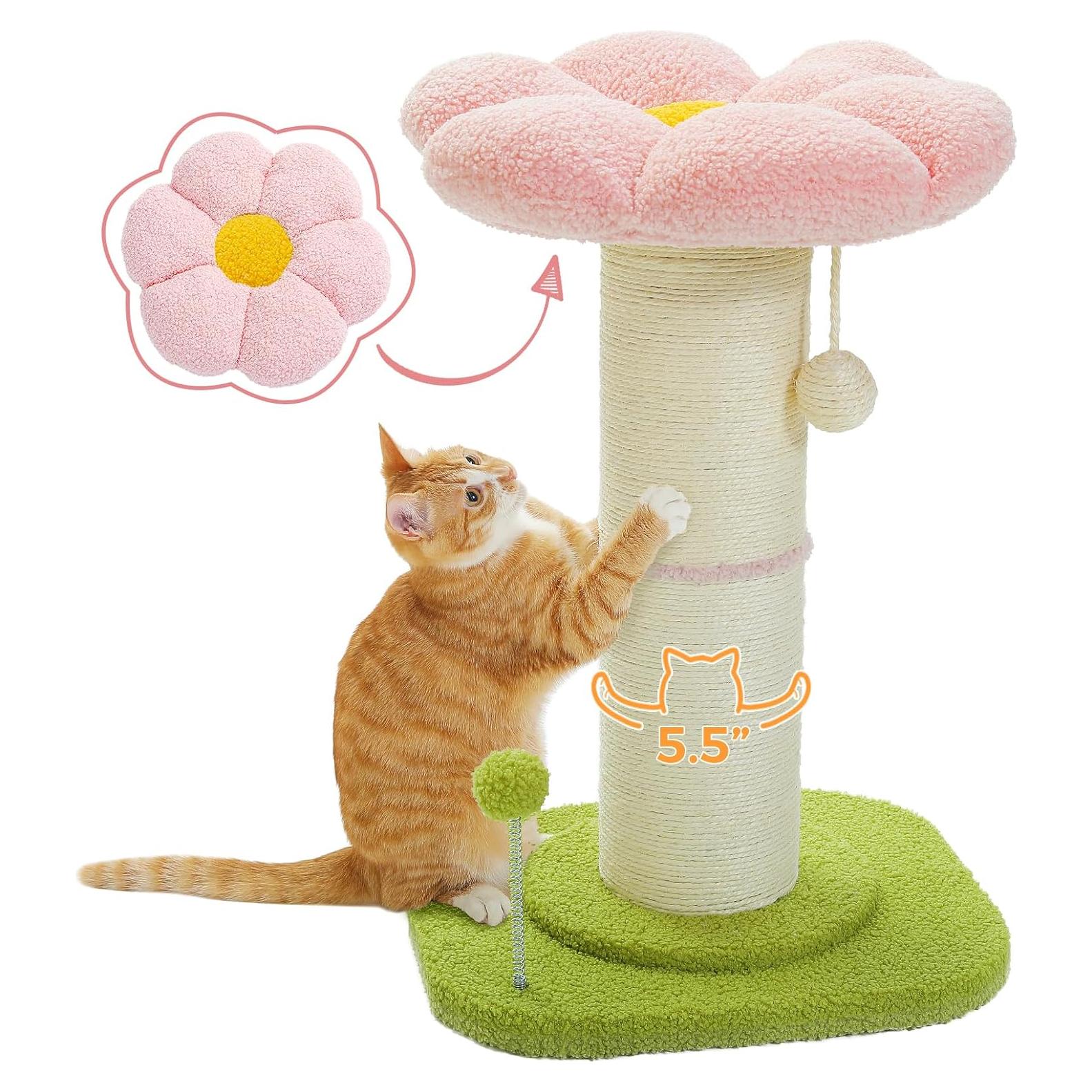 Poste Rascador para Gato PEQULTI con Flor Rosa y Base Gruesa