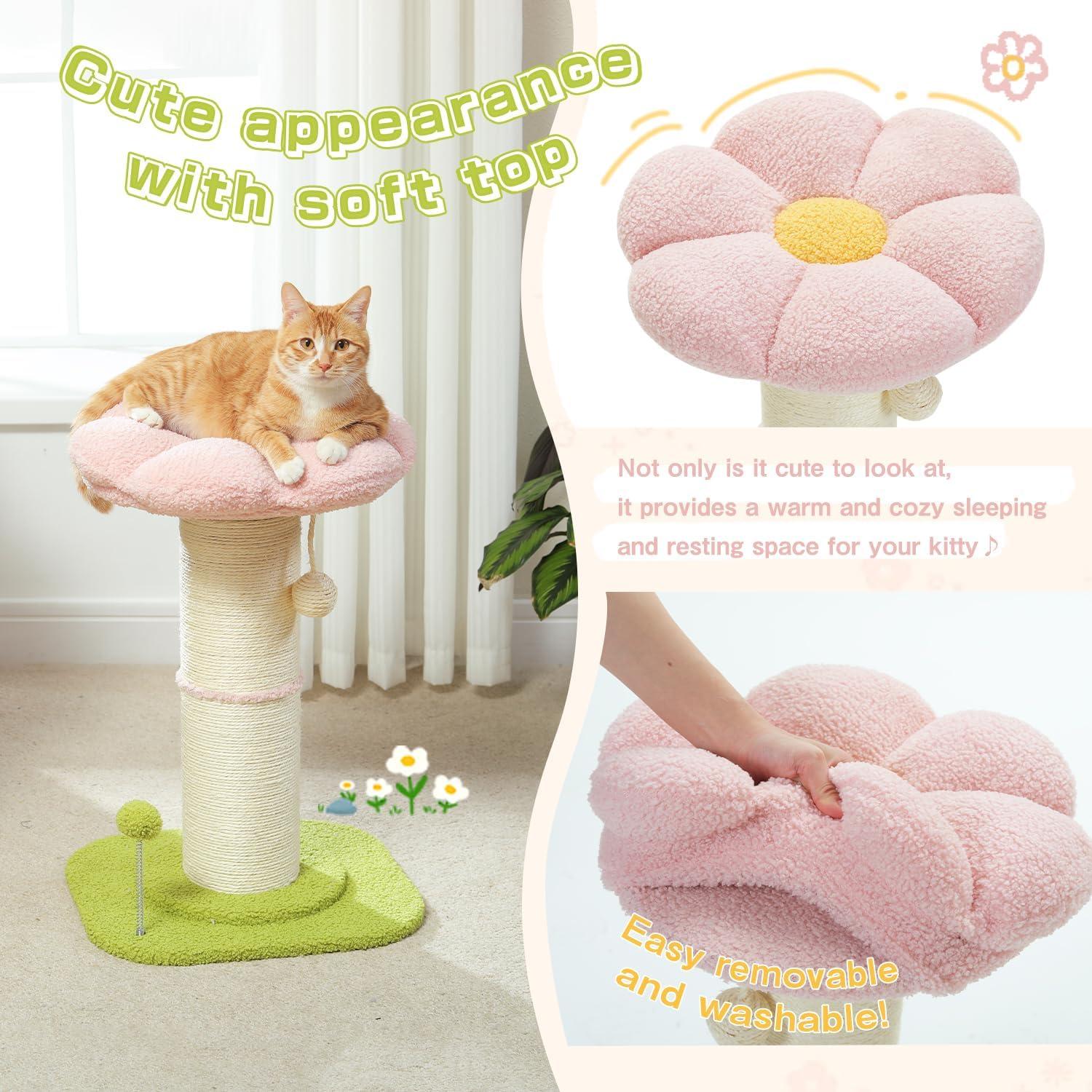Poste Rascador para Gato PEQULTI con Flor Rosa y Base Gruesa