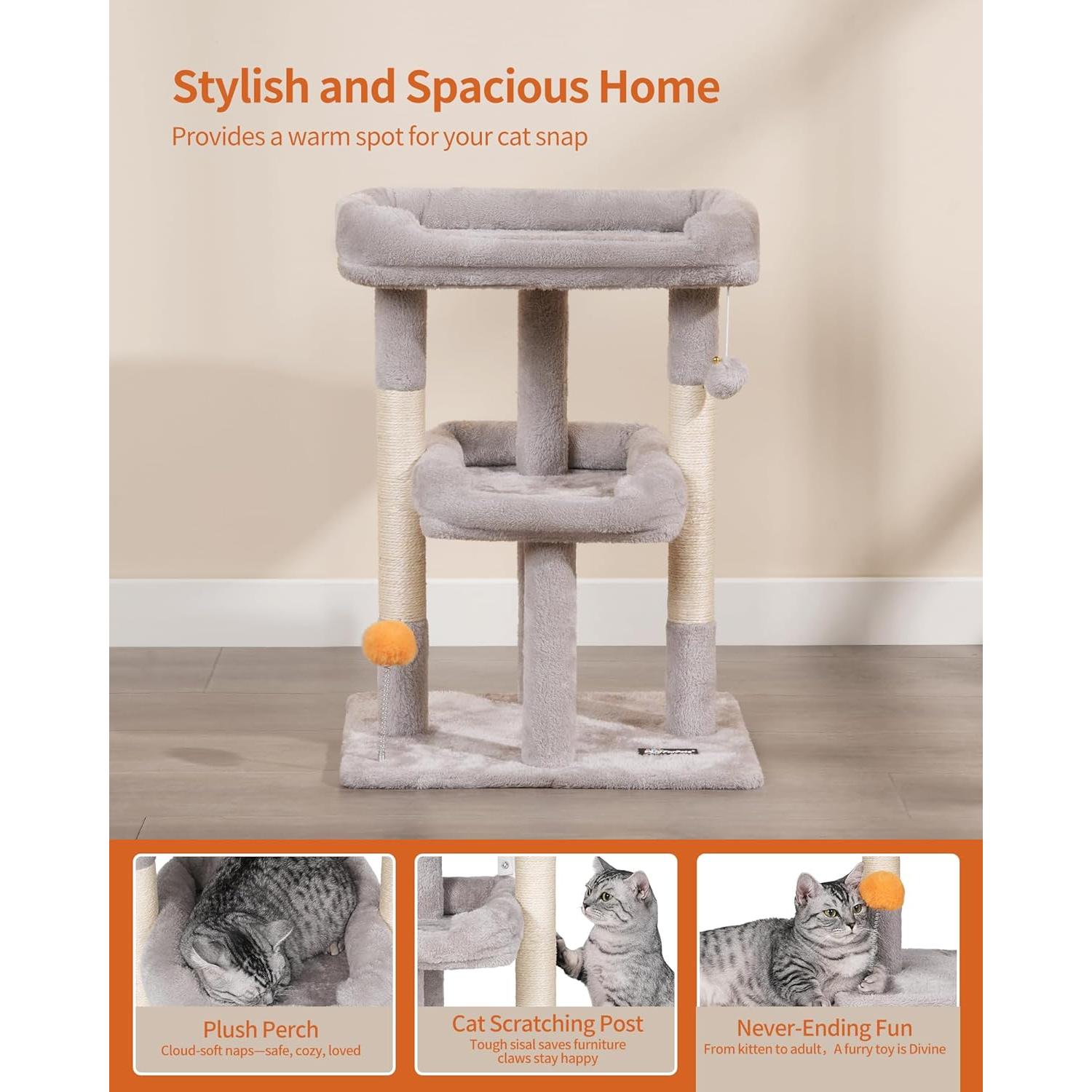 Árbol para Gatos FourFurPets 70cm Gris Claro con Rascador