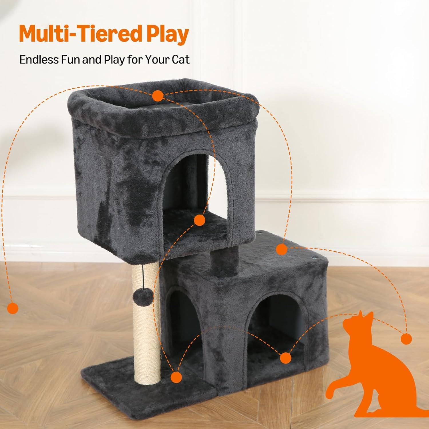 Torre para Gatos Amazon Basics 76 cm con 2 Condominios y Poste Rascador
