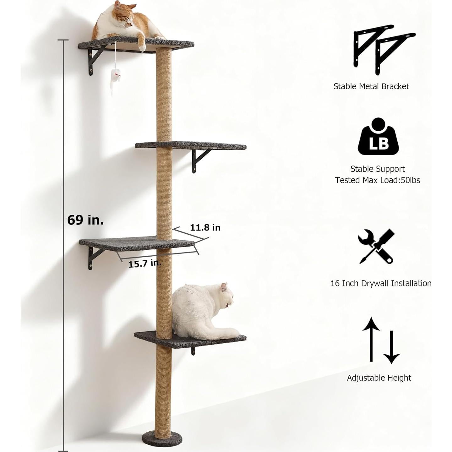 Árbol de Gatos Montado en la Pared HAPYKITYS 4 Niveles Gris