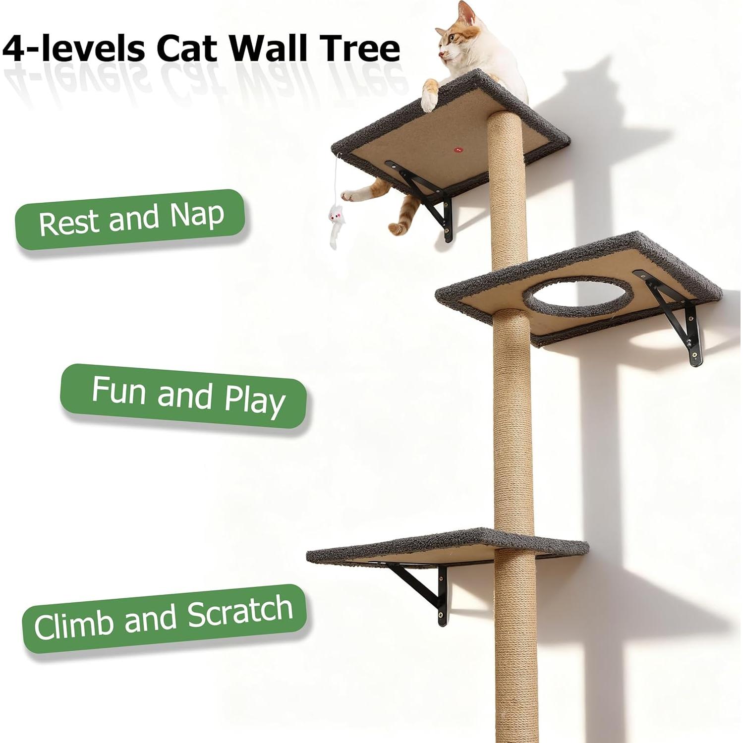 Árbol de Gatos Montado en la Pared HAPYKITYS 4 Niveles Gris