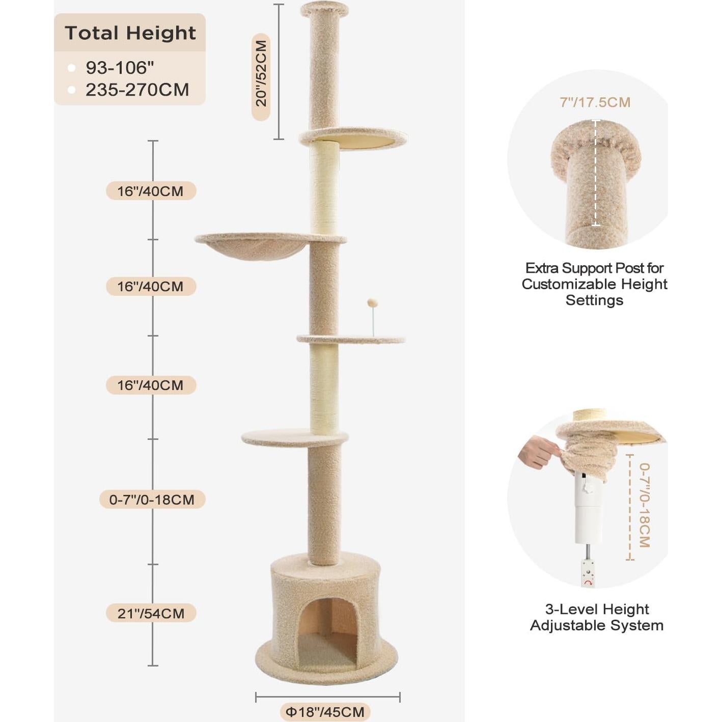 Árbol para Gatos Made4Pets Ajustable 93-106 cm 5 Niveles Beige