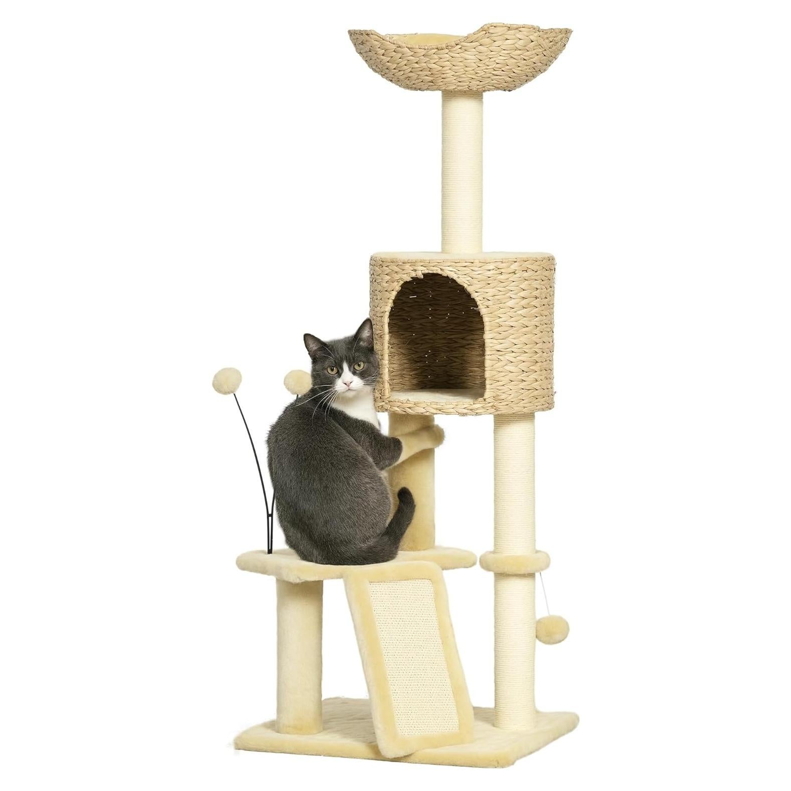 Árbol para Gatos PawHut 116 cm con Rascador y Cama Beige