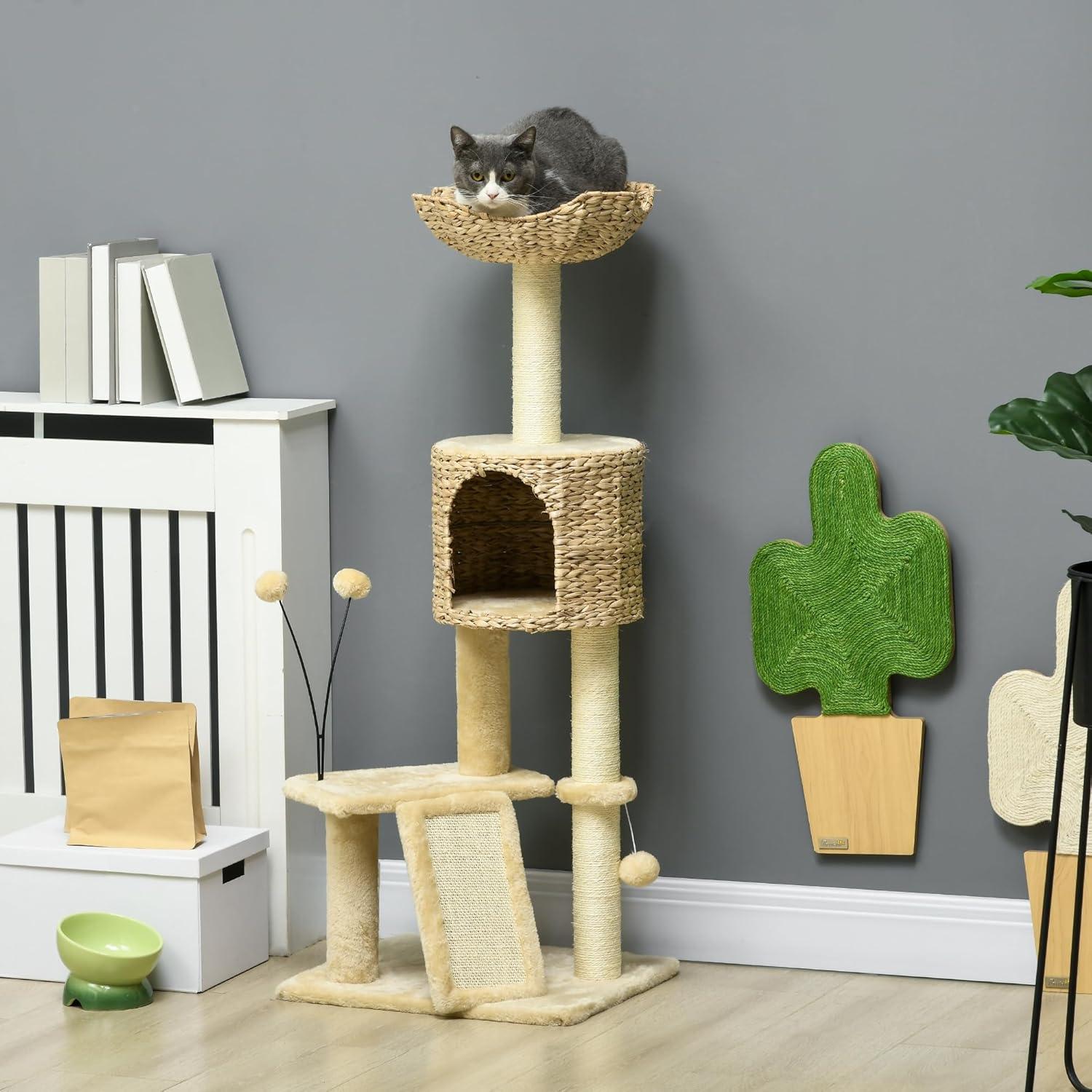 Árbol para Gatos PawHut 116 cm con Rascador y Cama Beige