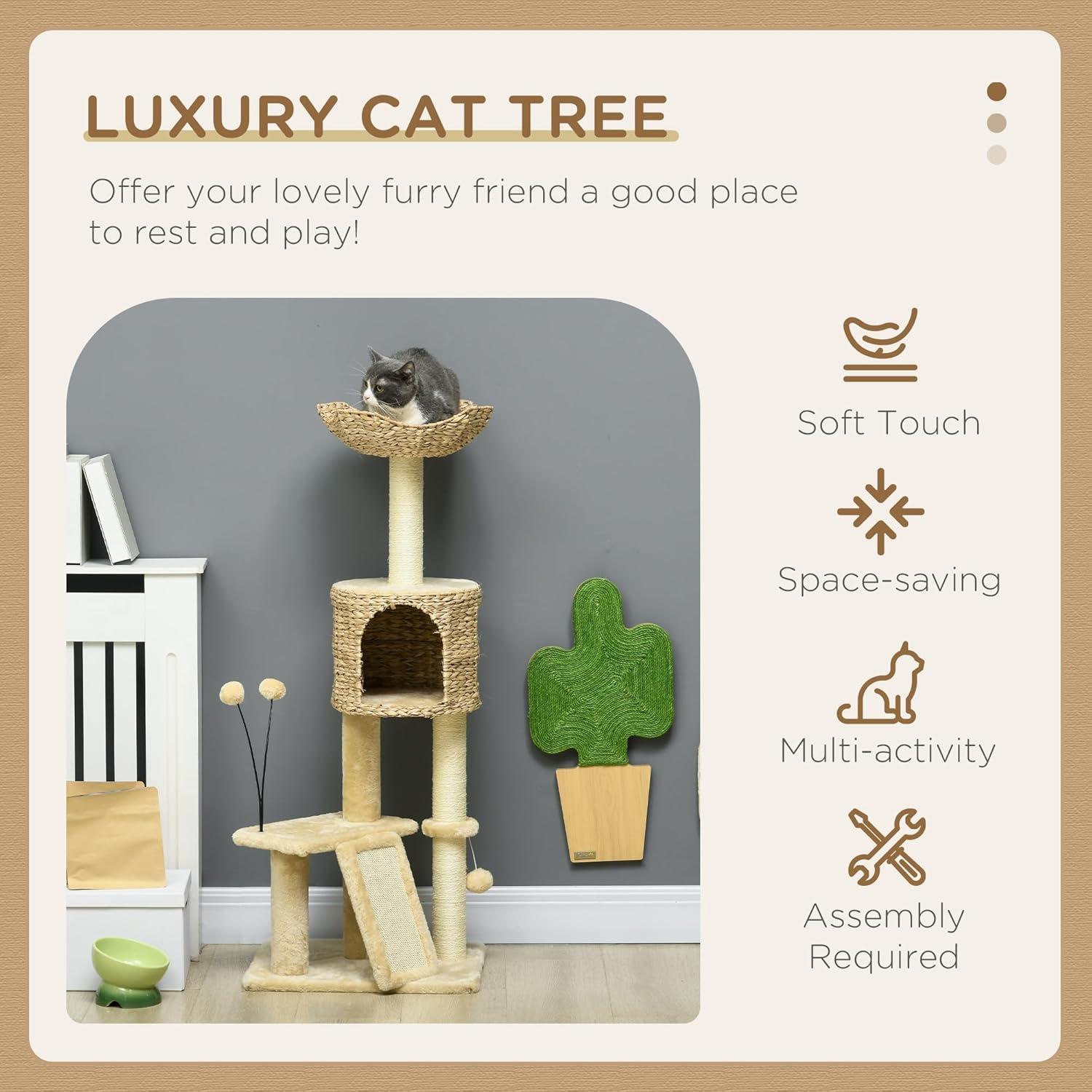 Árbol para Gatos PawHut 116 cm con Rascador y Cama Beige