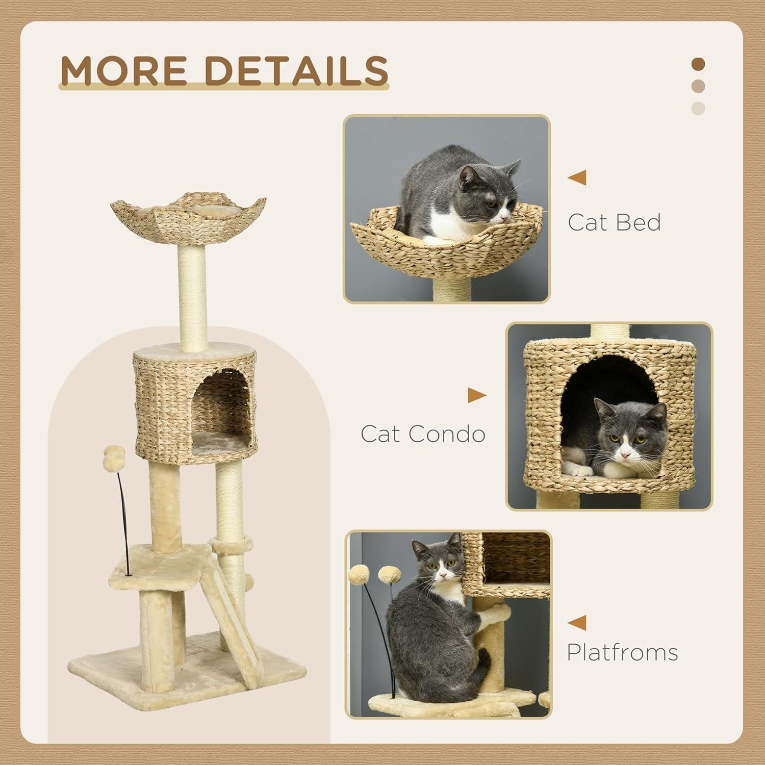 Árbol para Gatos PawHut 116 cm con Rascador y Cama Beige