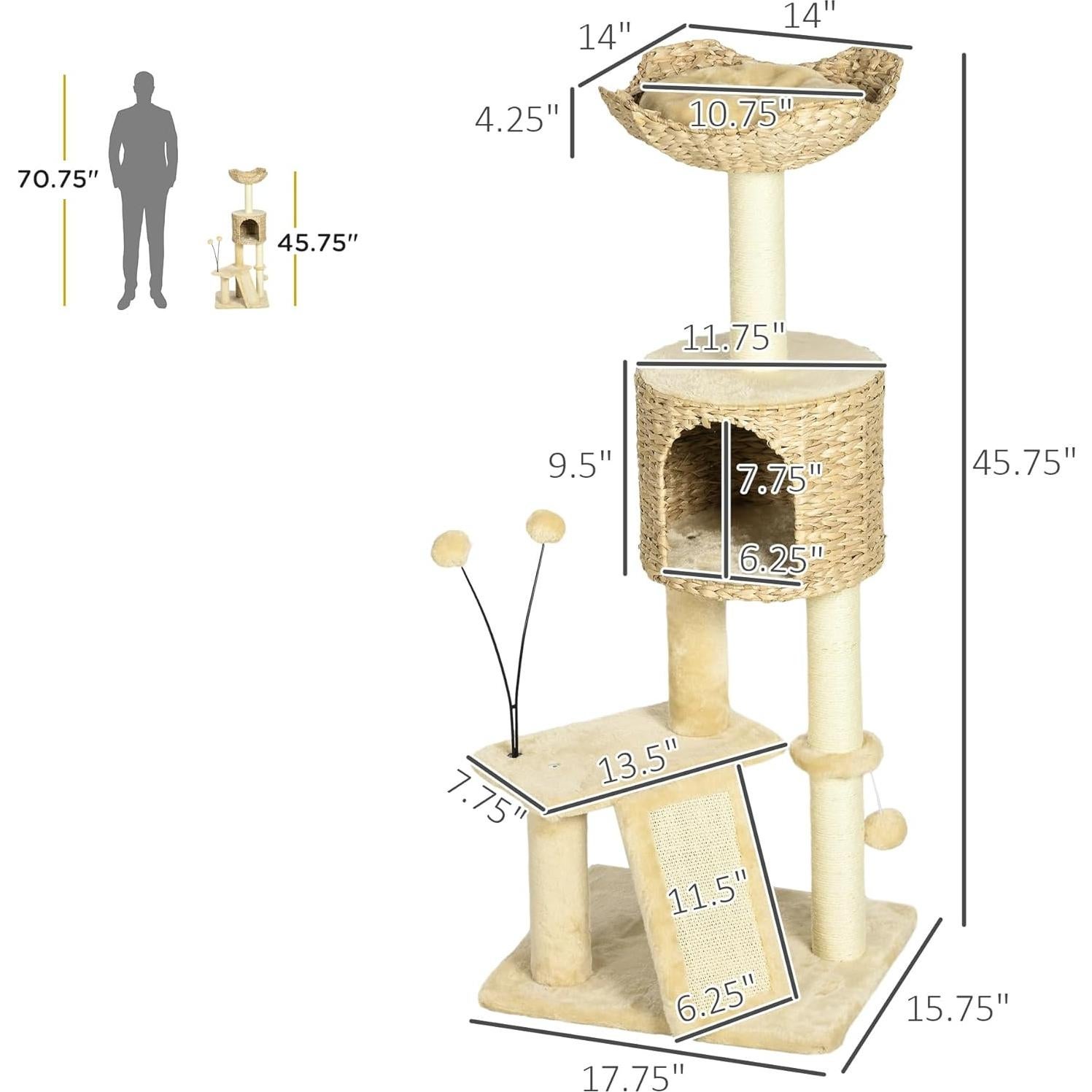 Árbol para Gatos PawHut 116 cm con Rascador y Cama Beige