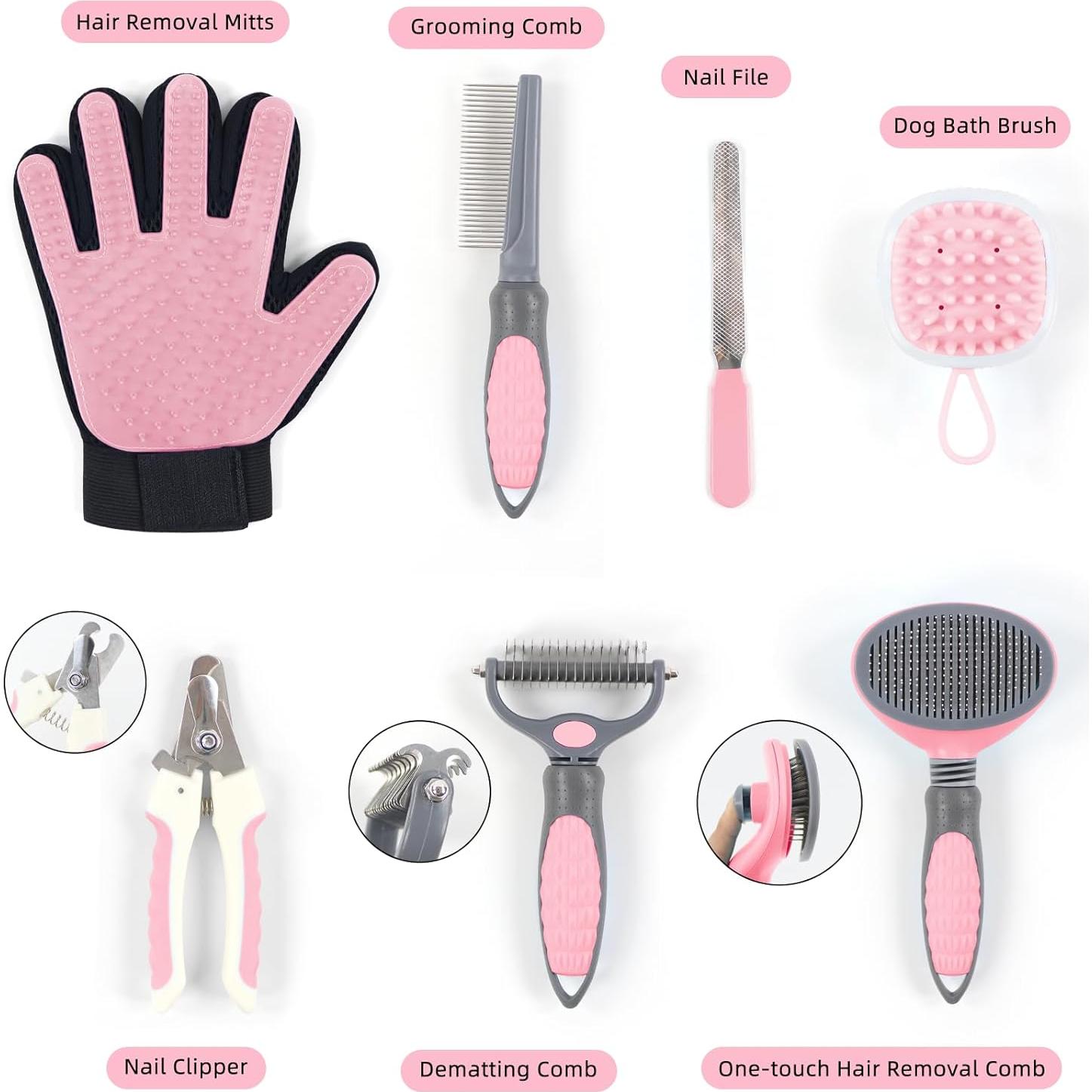 Kit de Aseo para Mascotas Wisedog - 7 Piezas Rosa Mejorado