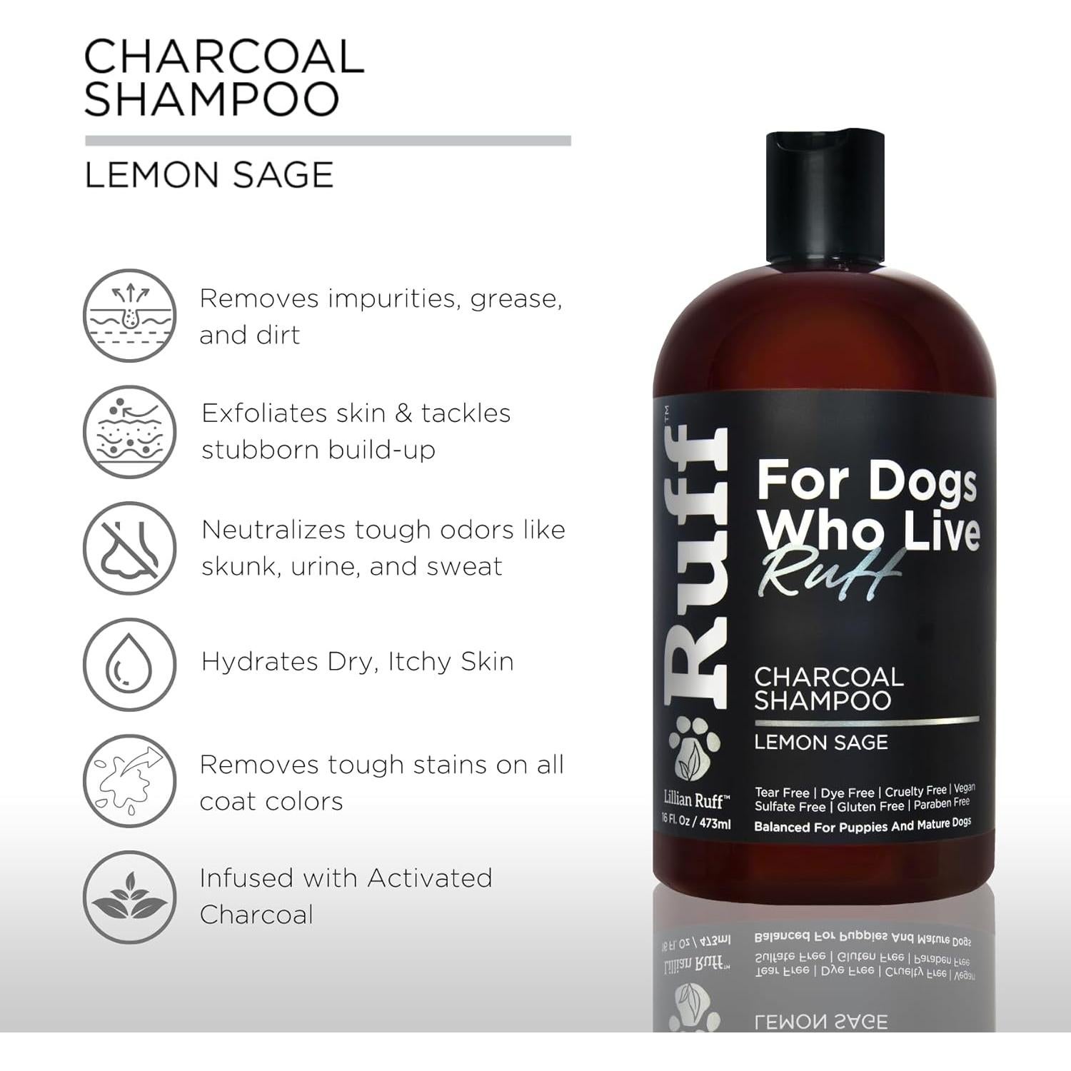 Champú para Mascotas Lillian Ruff con Carbón Activado 473ml - Limpiador y Desodorante