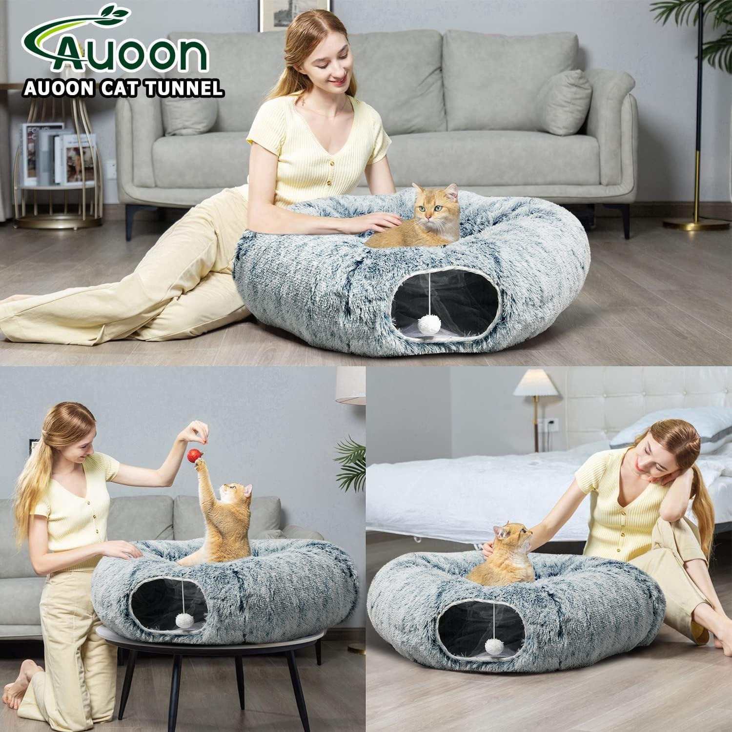 Cama Túnel para Gatos AUOON con Cojín Circular Suave 91 cm