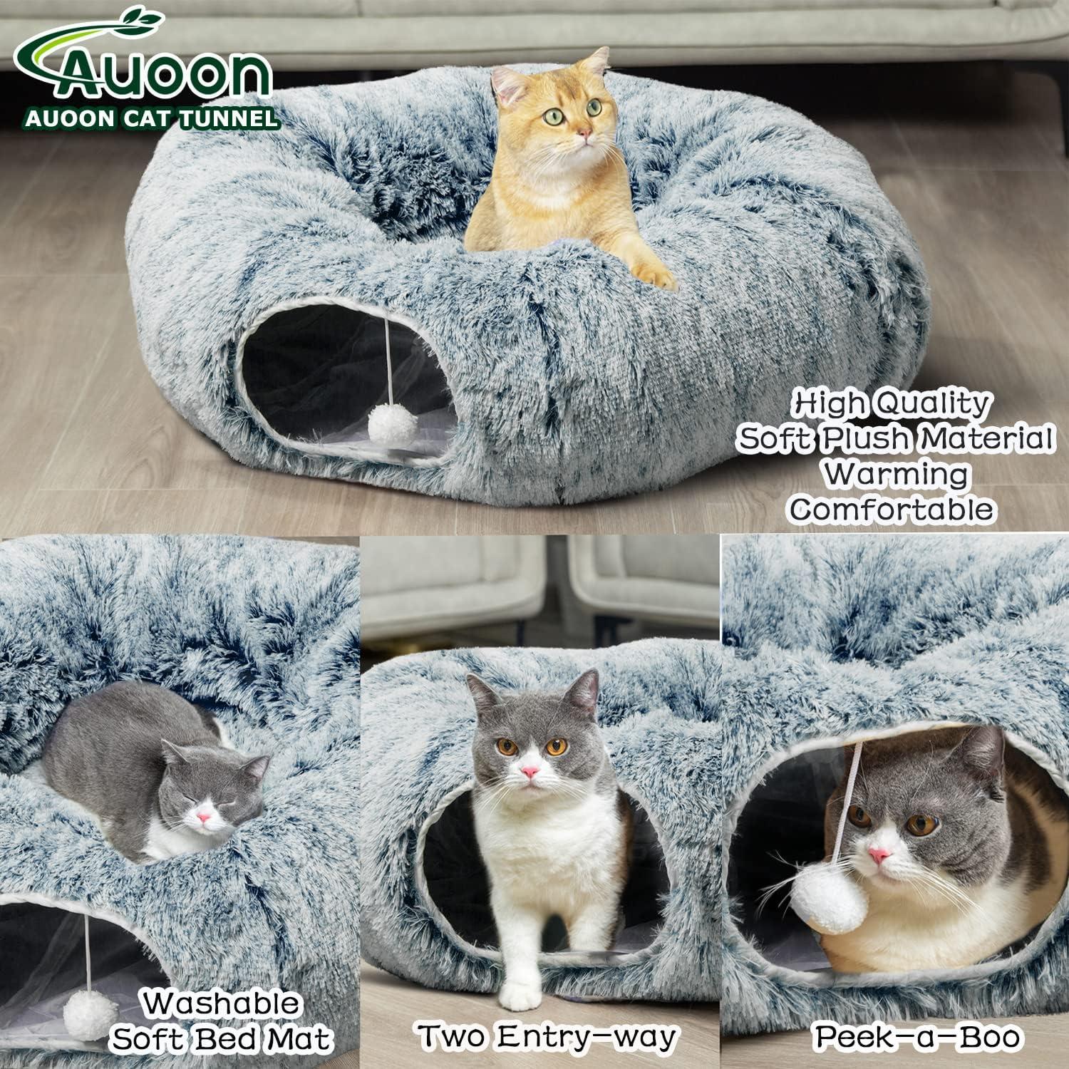 Cama Túnel para Gatos AUOON con Cojín Circular Suave 91 cm