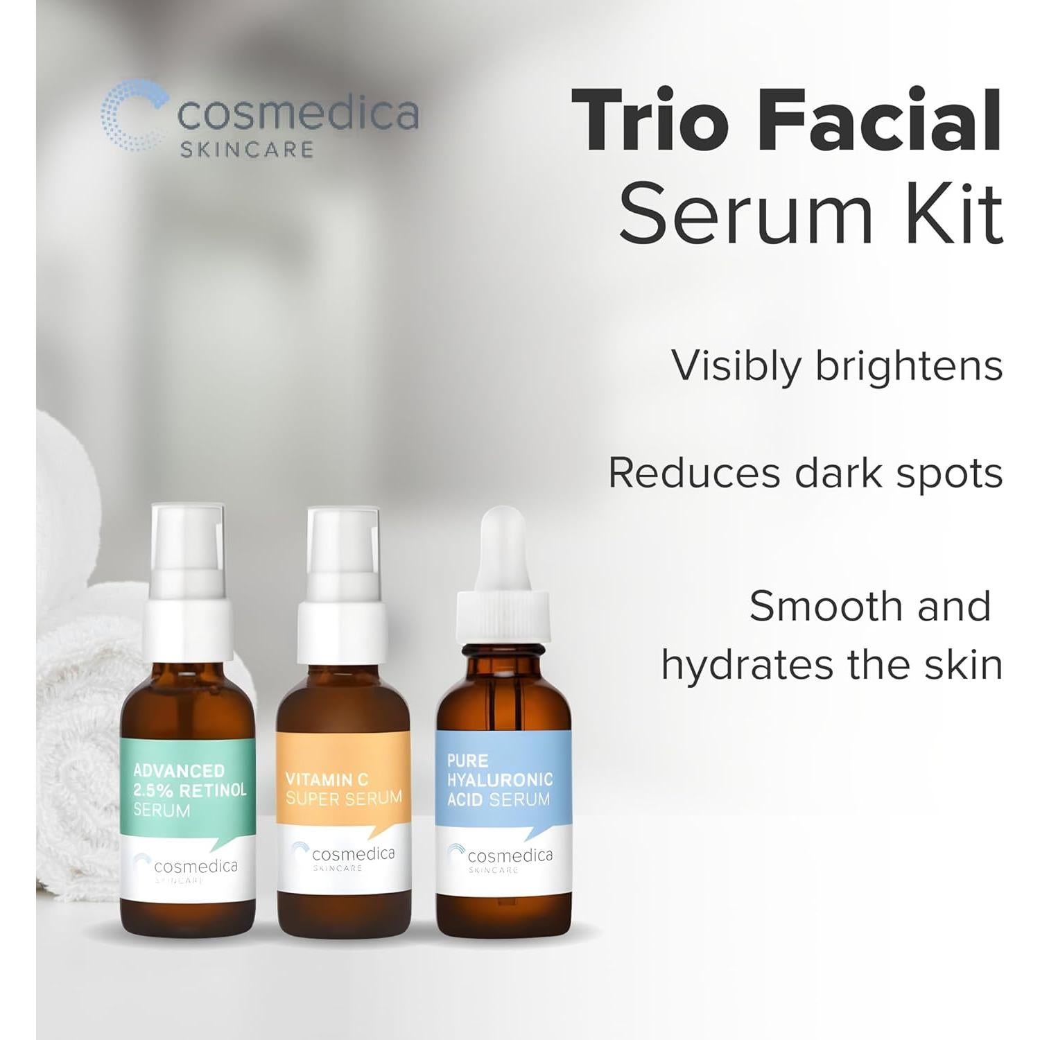 Conjunto Suero Facial Cosmedica Skincare 3x30ml Vitamina C, Retinol 2.5%, Ácido Hialurónico