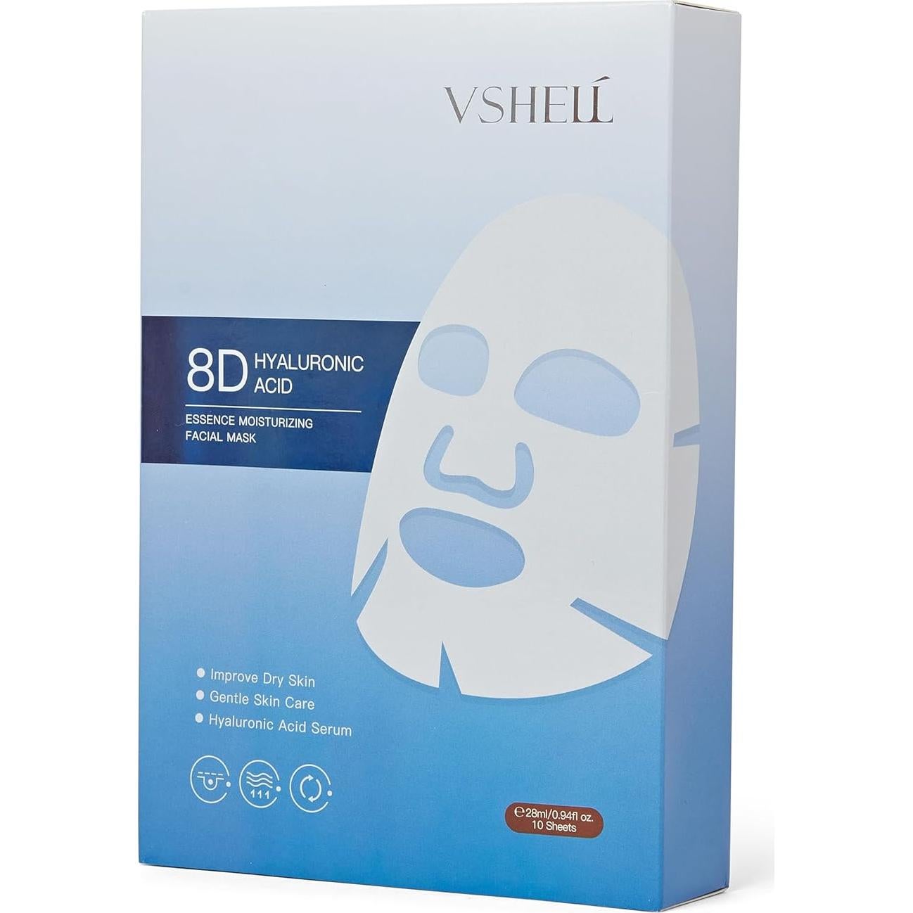 Mascarilla Facial Hidratante VSHELL - Ácido Hialurónico 8D, Set de 10