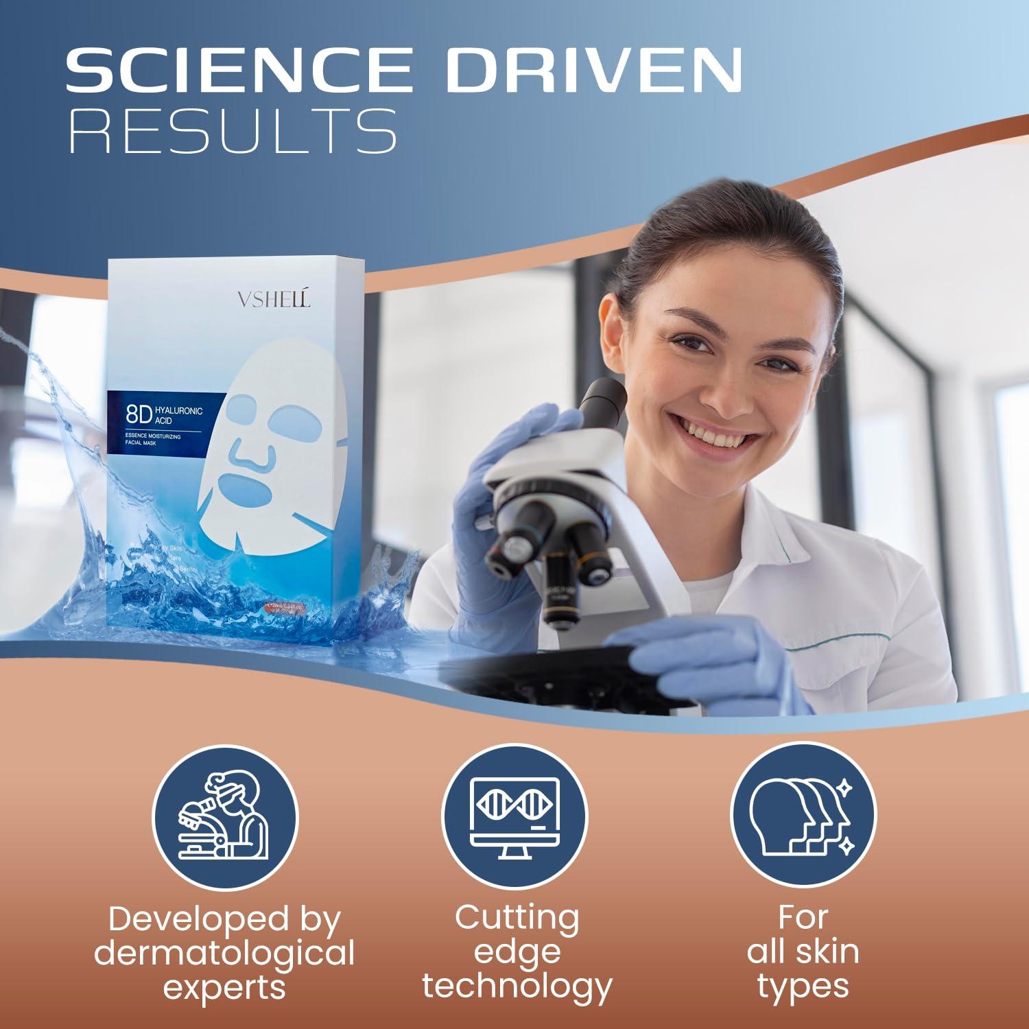 Mascarilla Facial Hidratante VSHELL - Ácido Hialurónico 8D, Set de 10