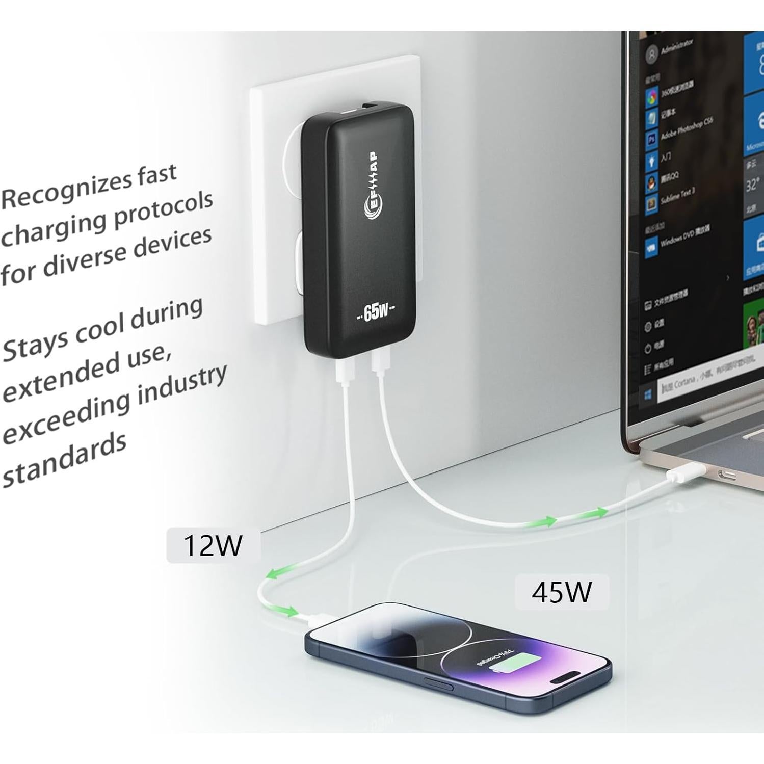 Cargador de pared USB-C 65W EFIIIAP 2 puertos carga rápida