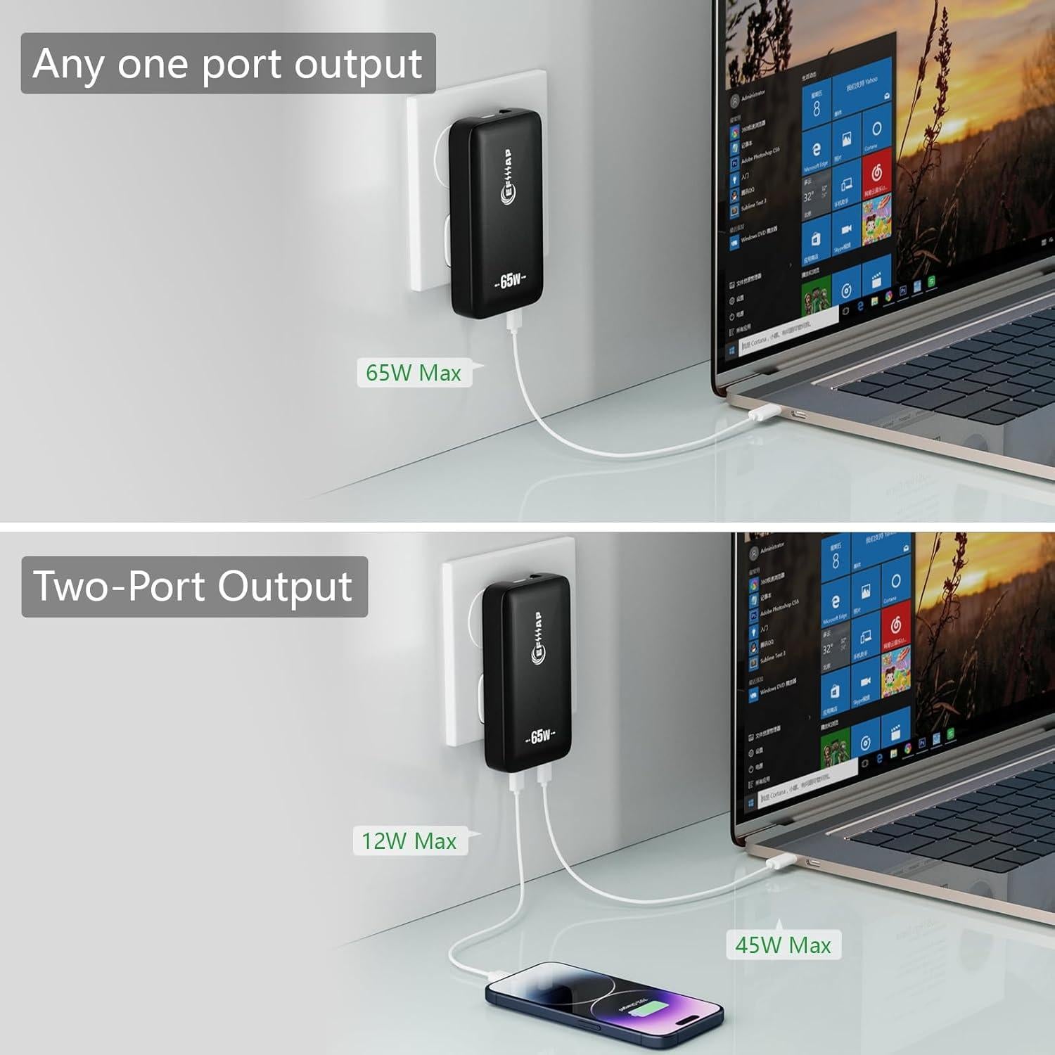 Cargador de pared USB-C 65W EFIIIAP 2 puertos carga rápida