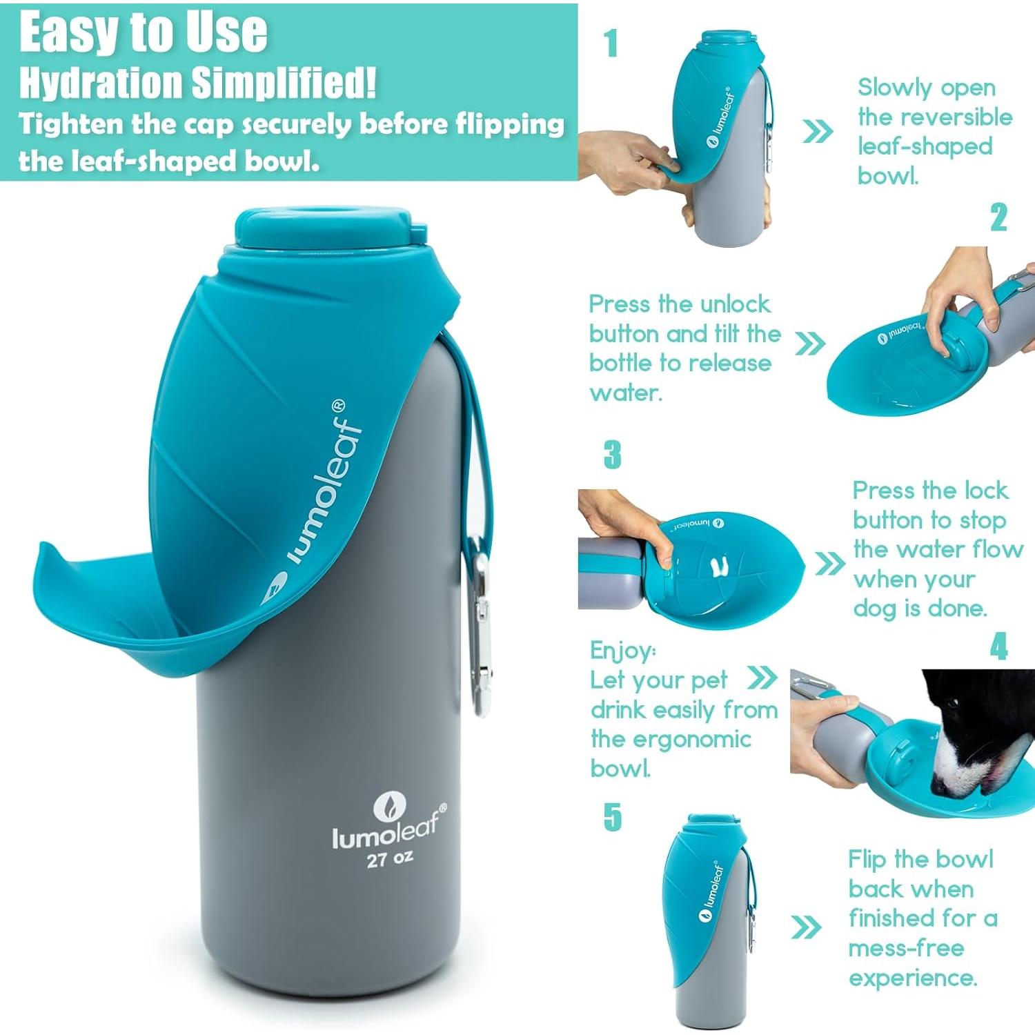 Botella de Agua Aislada LumoLeaf 800 ml Acero Inoxidable - Cuenco para Mascotas