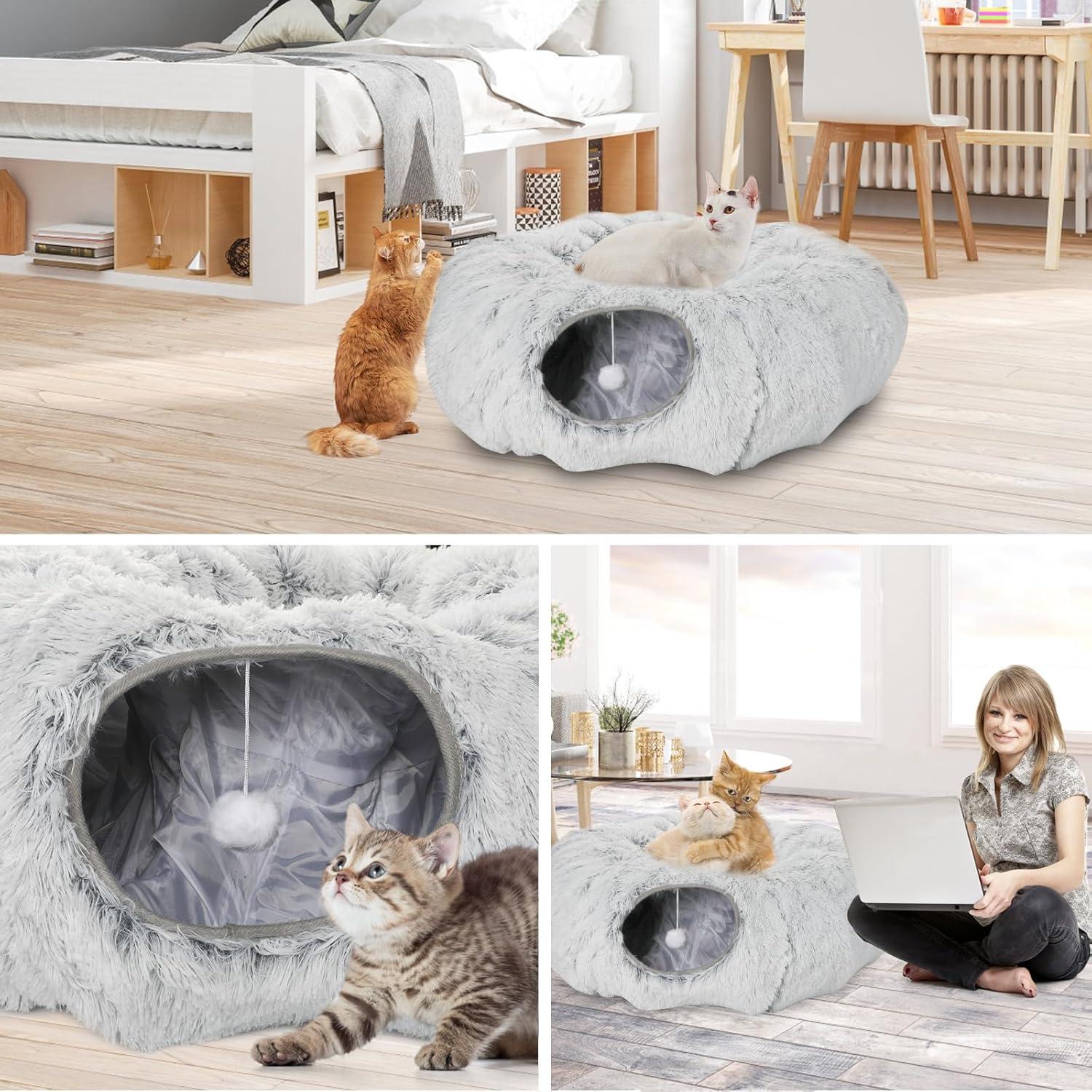 Cama túnel de felpa para gatos Lonepetu 80 cm gris