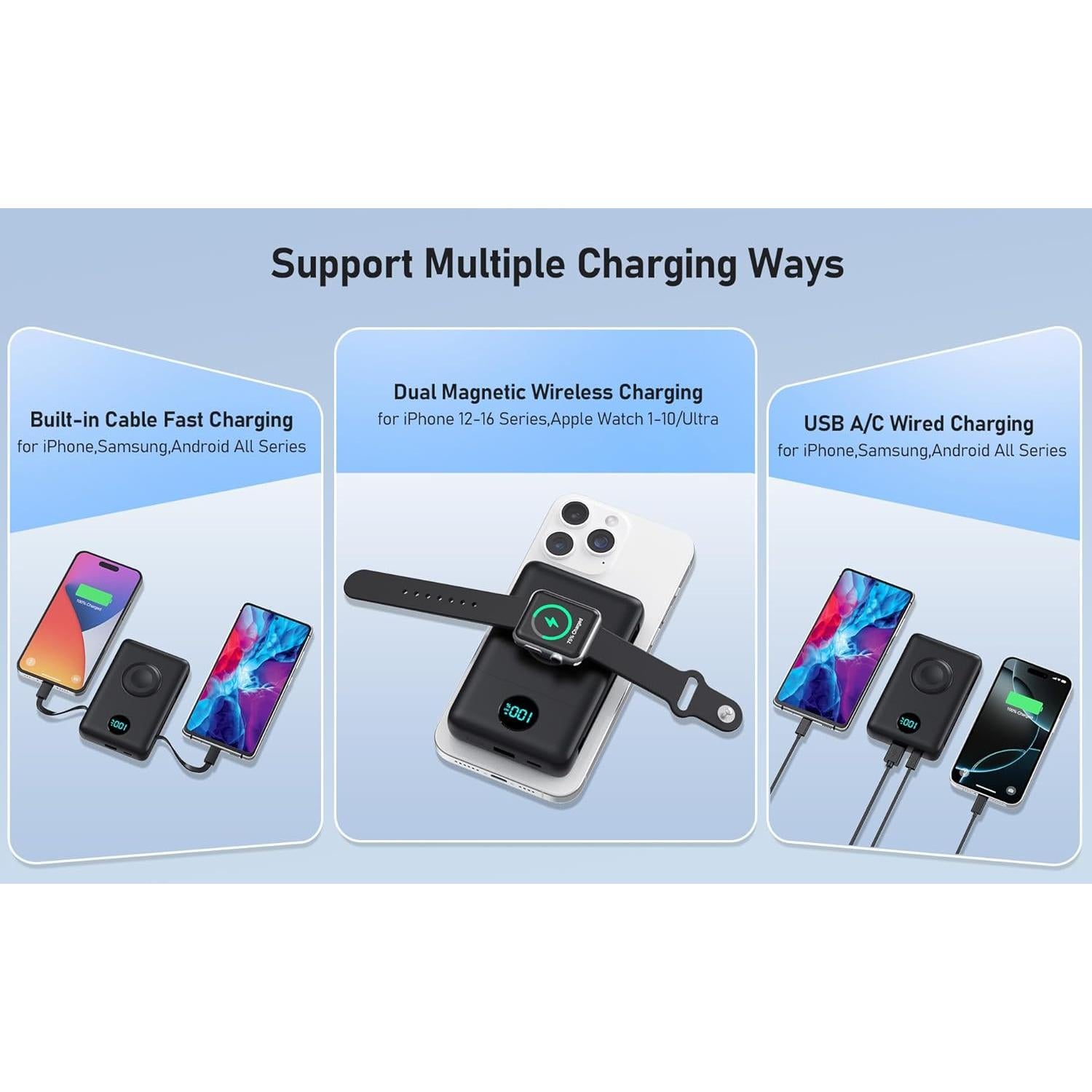 Magnetic Portable Charger for iPhone with Built-in Cables, 6-in-1 10800mAh Power Bank with iWatch Charger & LCD Display,25W PD Fast Charging Battery Pack for Magsafe,iPhone 16/15/14/13/12,Apple Watch