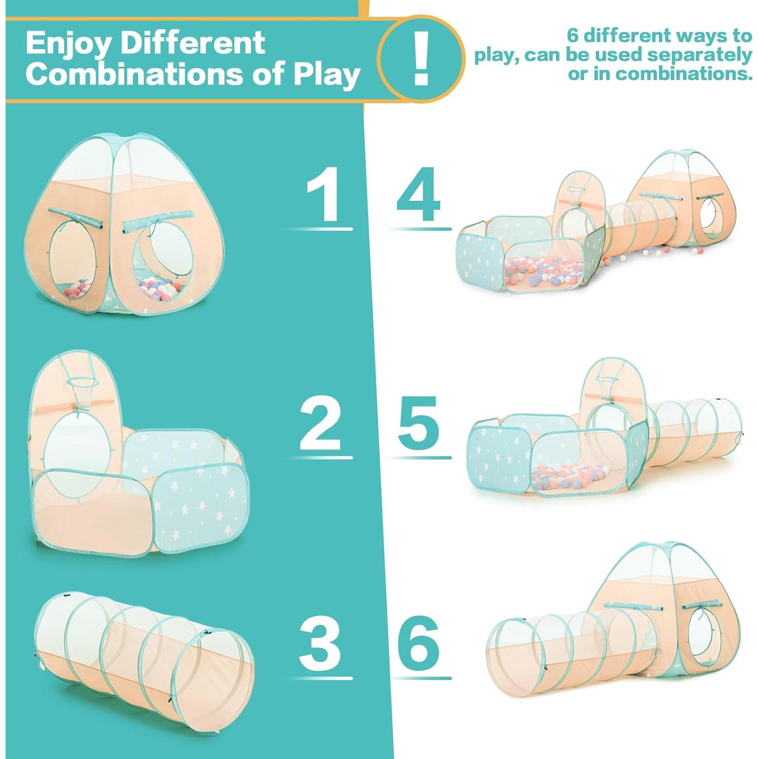 Carpa de Juego 3 en 1 SISTICKER con Piscina de Pelotas y Túnel