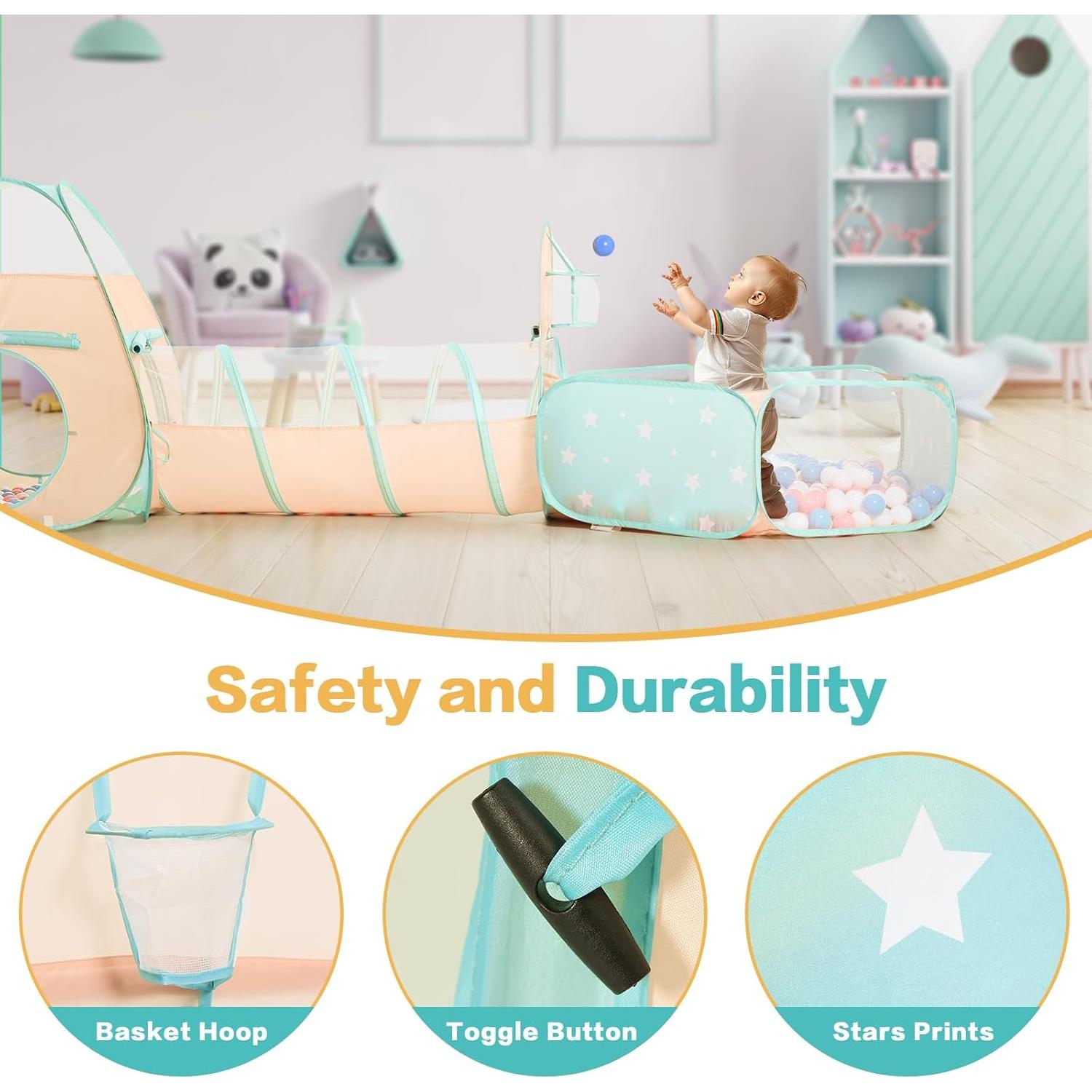 Carpa de Juego 3 en 1 SISTICKER con Piscina de Pelotas y Túnel