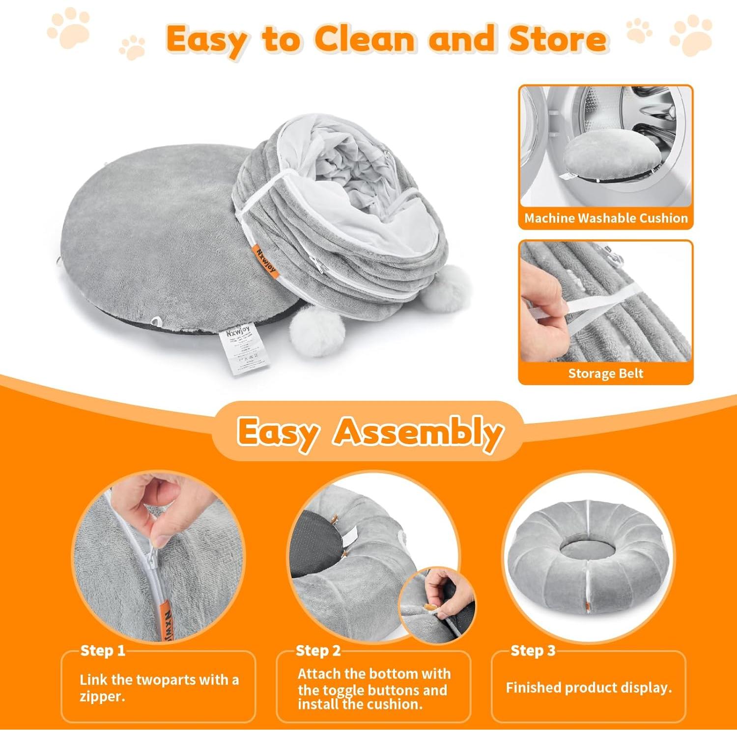 Túnel de Gato XL Nxwjoy 90x90 cm con Cojín Lavable Gris