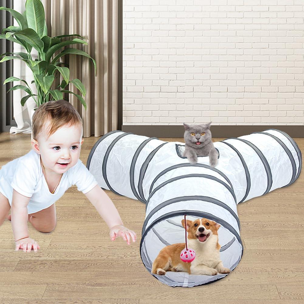 Túnel para Gato Plegable 3 Vías con Juguete de Pelota Blanco