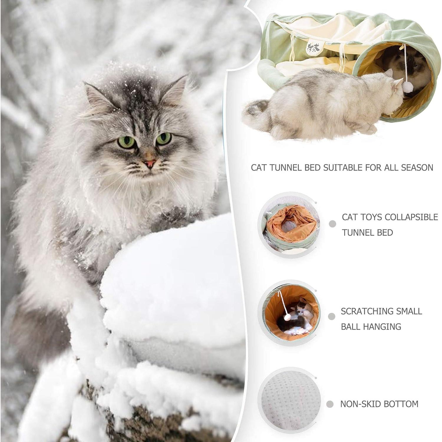 Cama y Túnel para Gatos KUCDBUN Matcha 2 en 1 con Alfombrilla