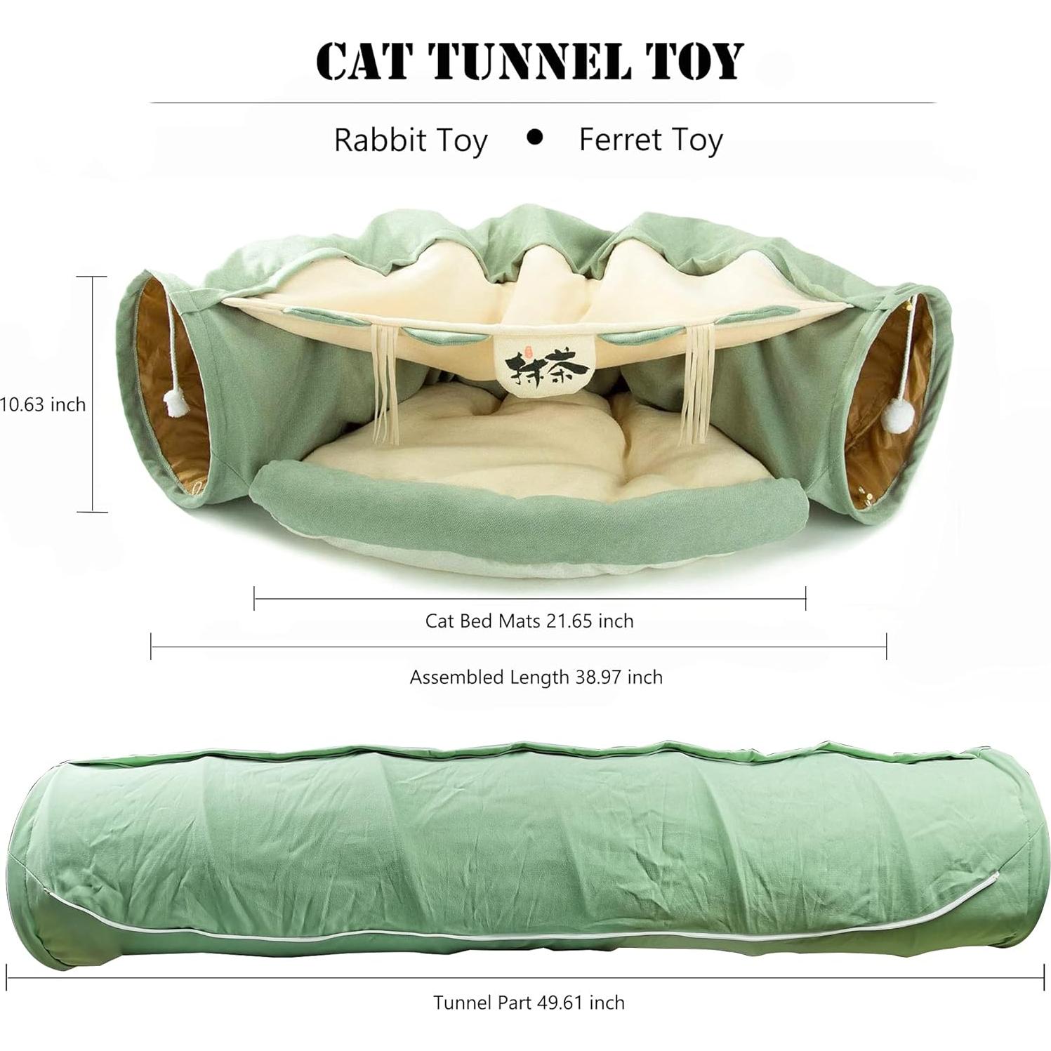 Cama y Túnel para Gatos KUCDBUN Matcha 2 en 1 con Alfombrilla