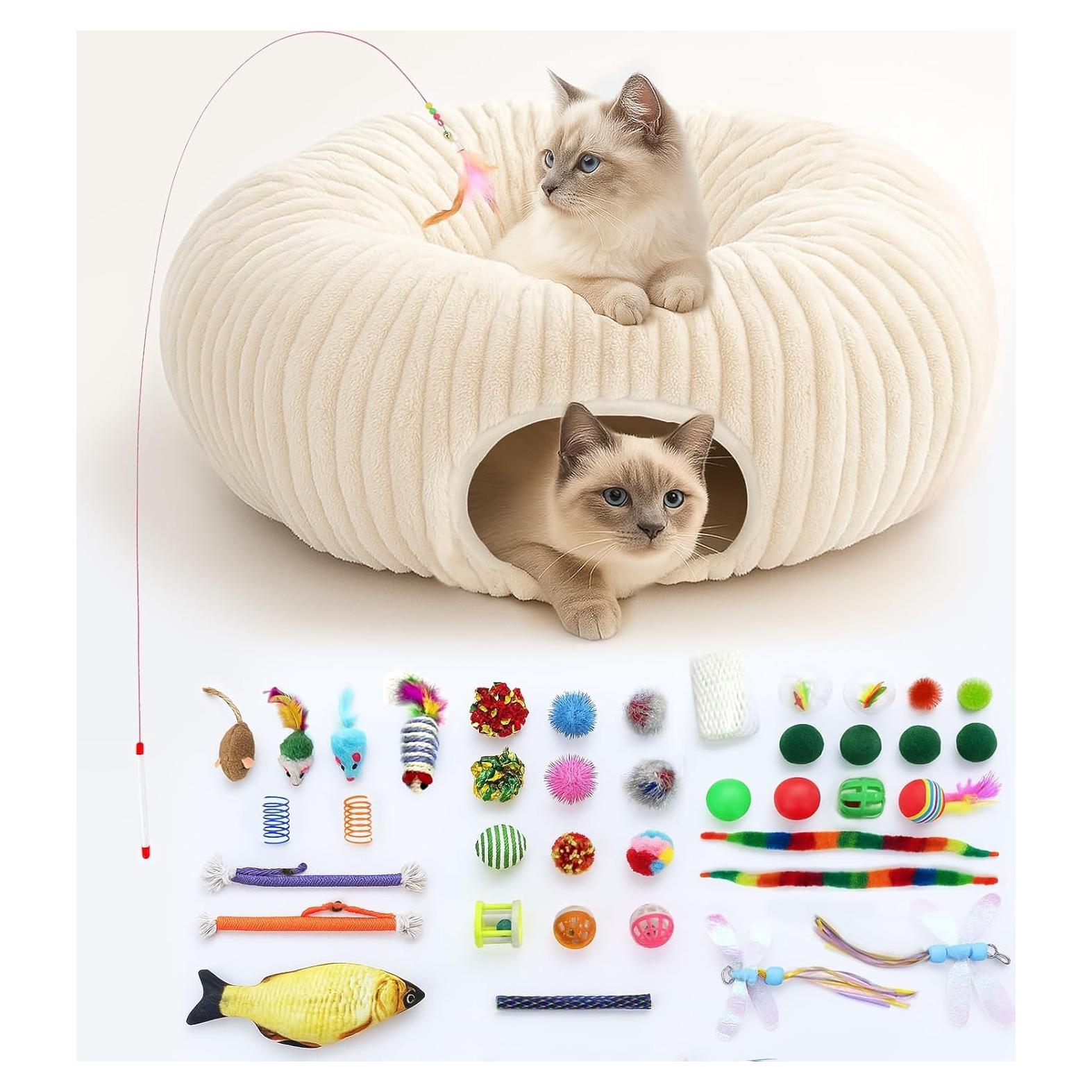 Cama Túnel para Gatos MOYMO Mediana Blanca con 40 Juguetes