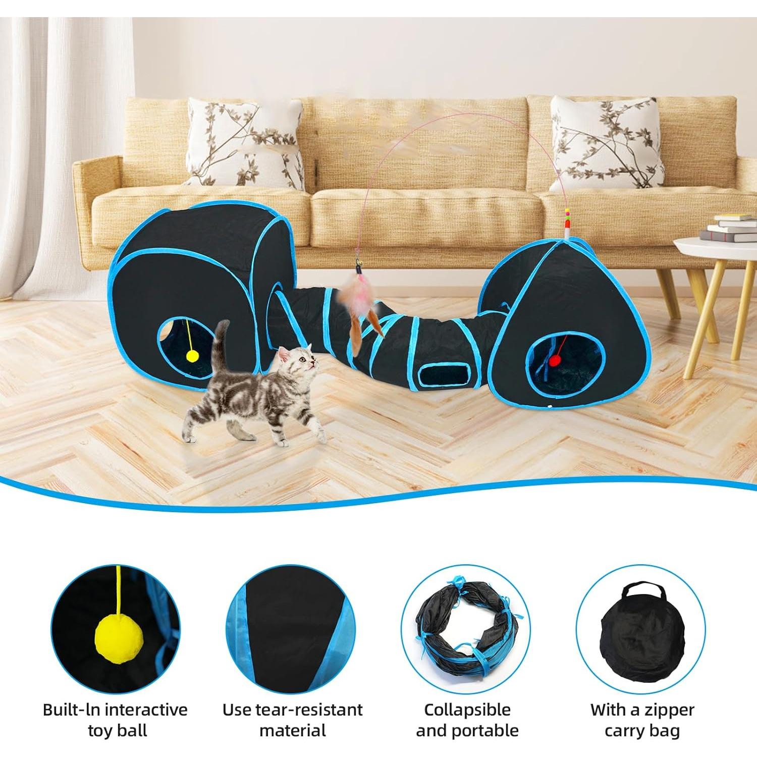 Túnel para Gatos Maikolerfeng 3 en 1 con Cubo y Juguete Azul