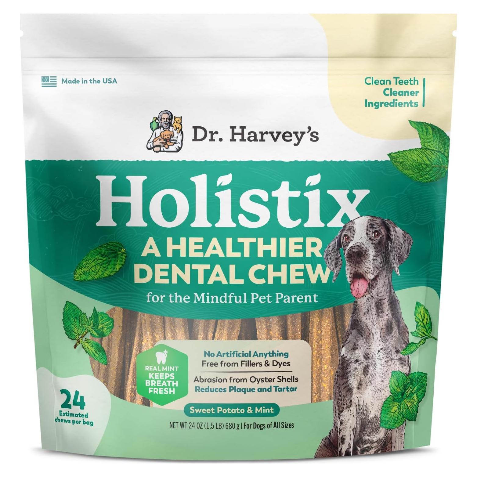 Dr. Harvey's Holistix Dental Chews for Dogs - Dog Teeth Cleaning & Fresh Breath Treats, Sweet Potato Mint (24 Sticks)