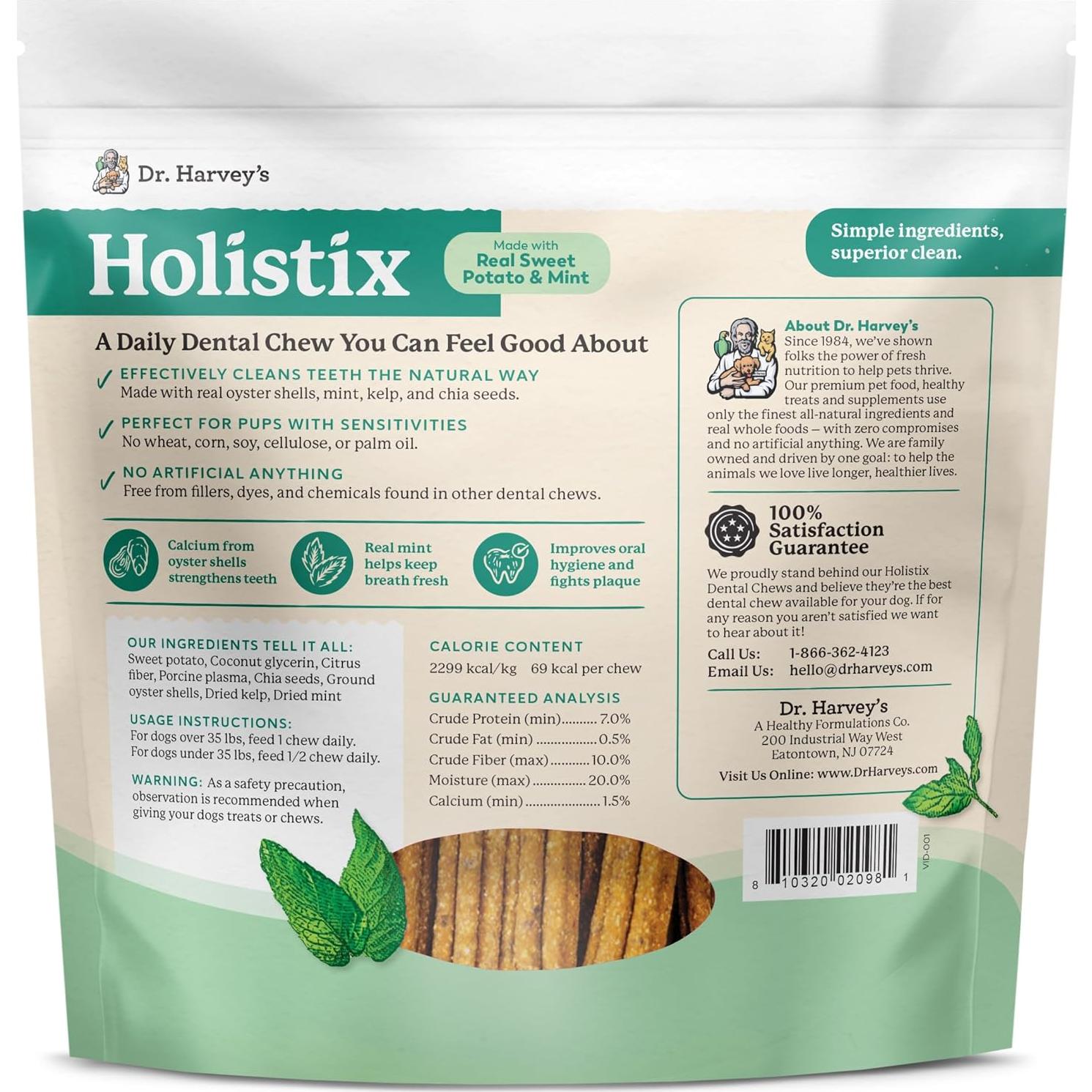 Dr. Harvey's Holistix Dental Chews for Dogs - Dog Teeth Cleaning & Fresh Breath Treats, Sweet Potato Mint (24 Sticks)