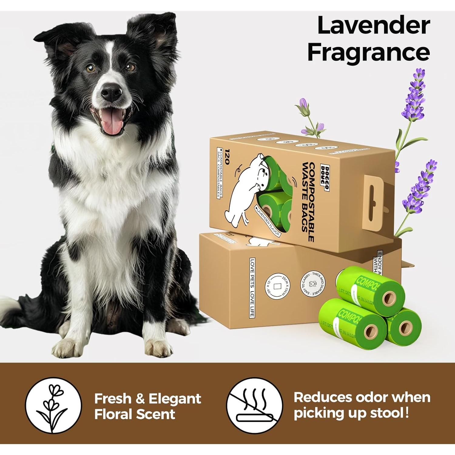 Bolsas de caca compostables DOGGO DOUG 120 unidades aroma lavanda