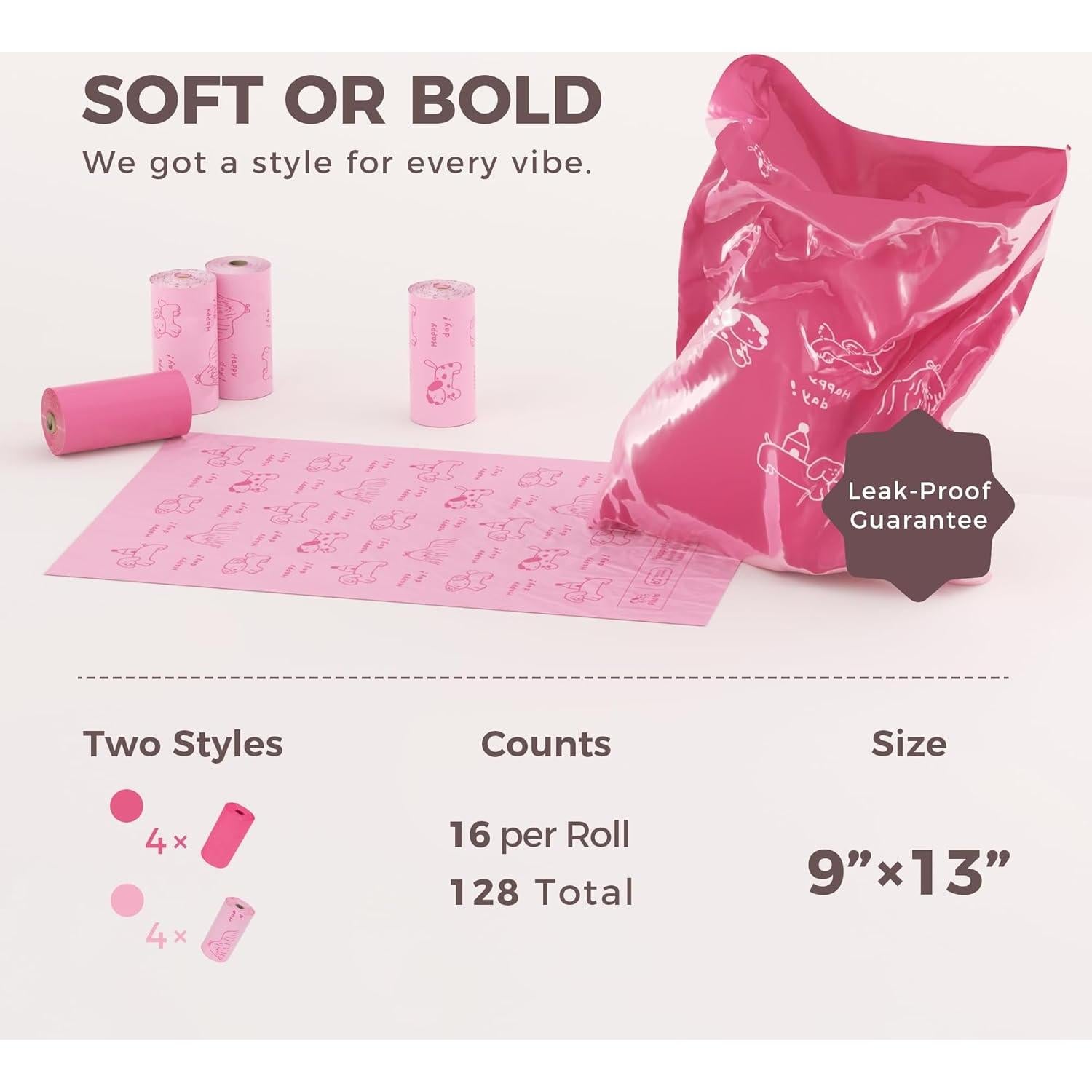 Bolsas para Caca de Perro Pikoto - 128 Unidades Rosa con Aroma