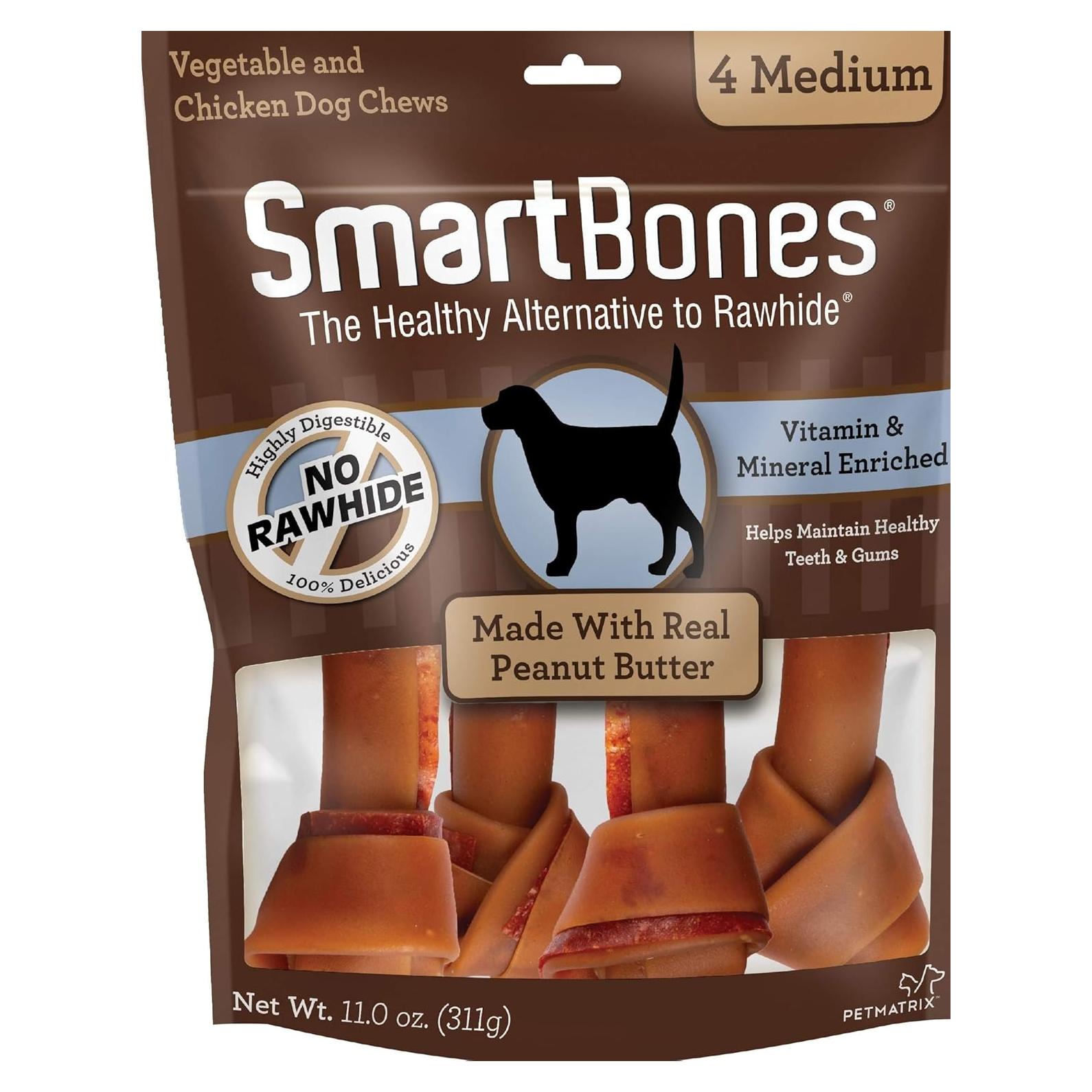 SmartBones Masticables Medianos Sin Piel con Mantequilla de Maní - Paquete de 4