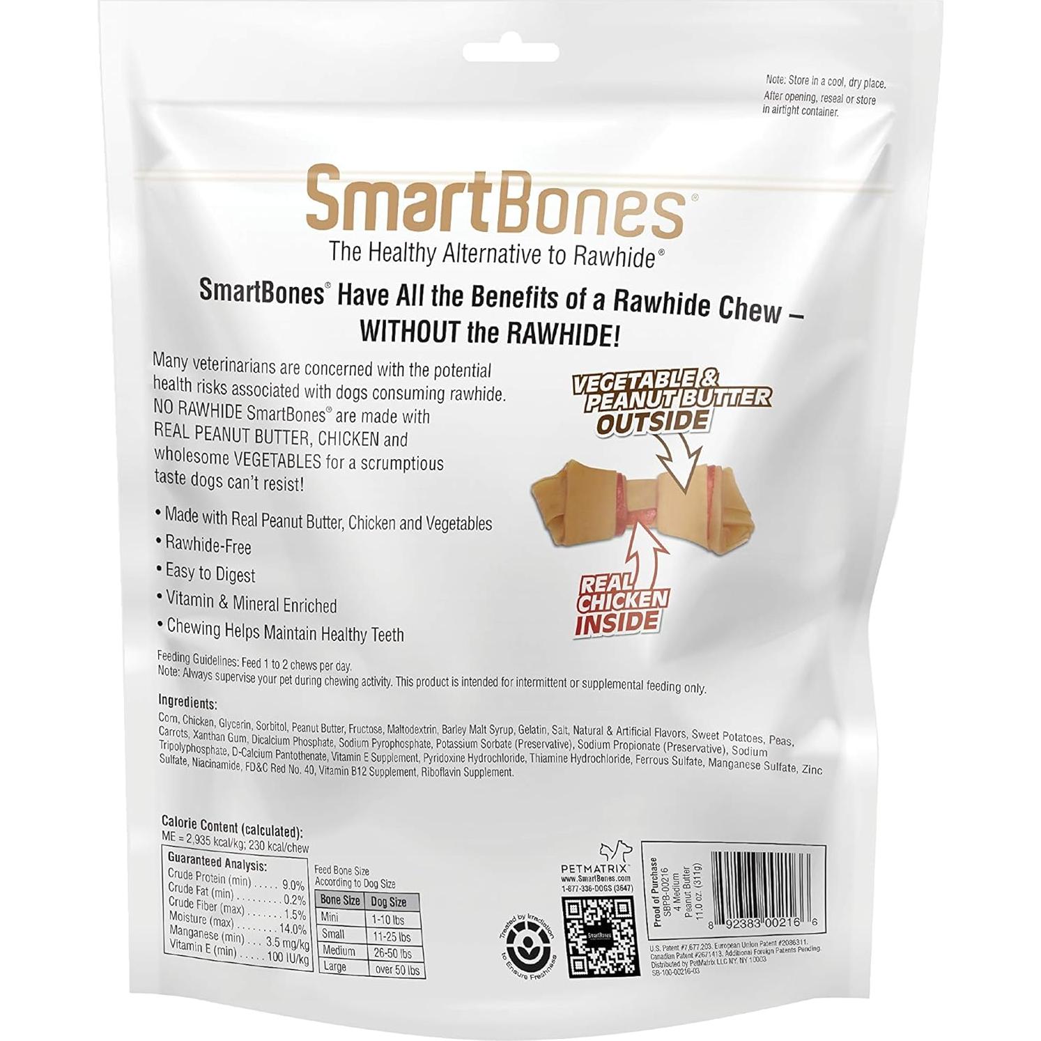 SmartBones Masticables Medianos Sin Piel con Mantequilla de Maní - Paquete de 4