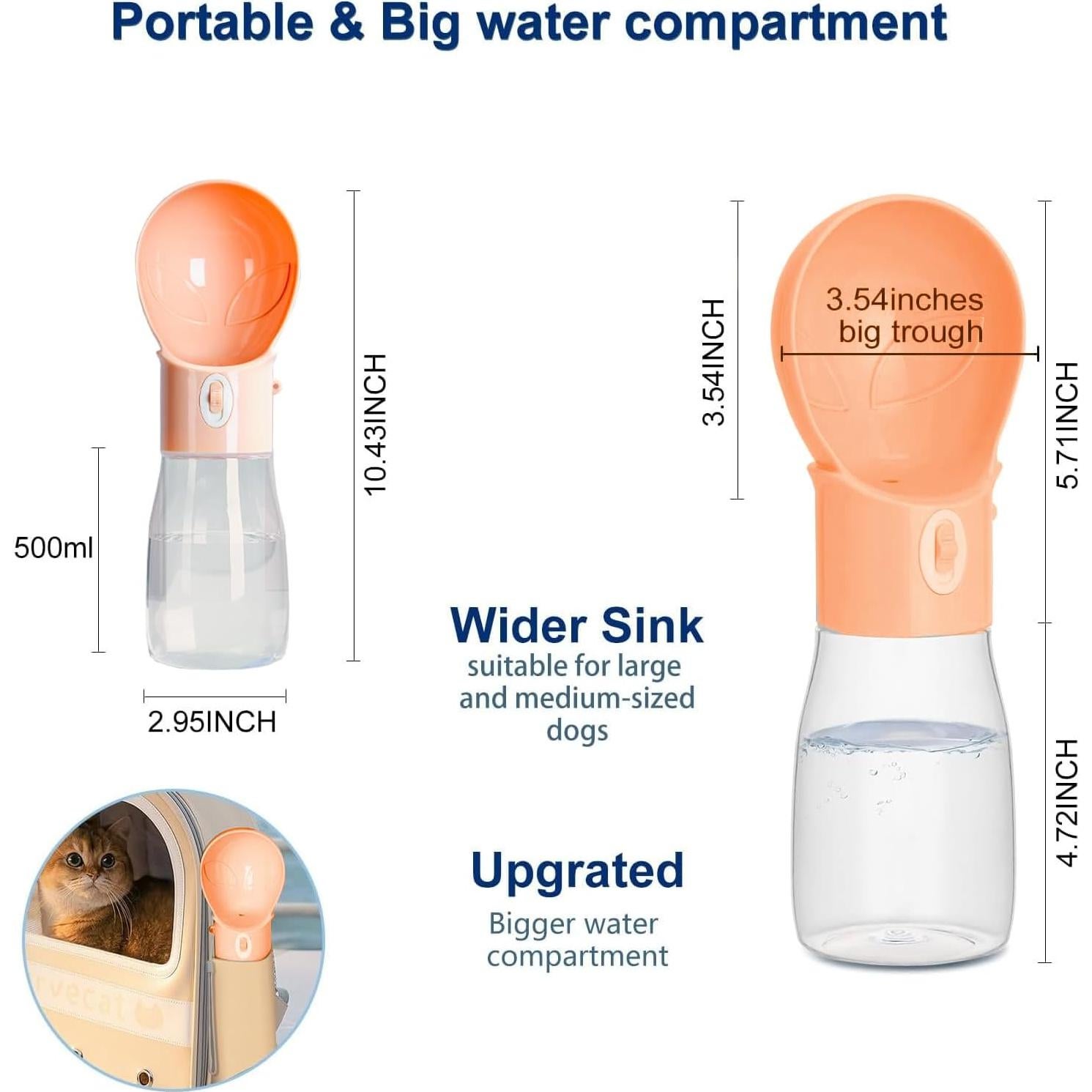Botella de Agua para Perros ARMLULU 500ml Naranja a Prueba de Fugas