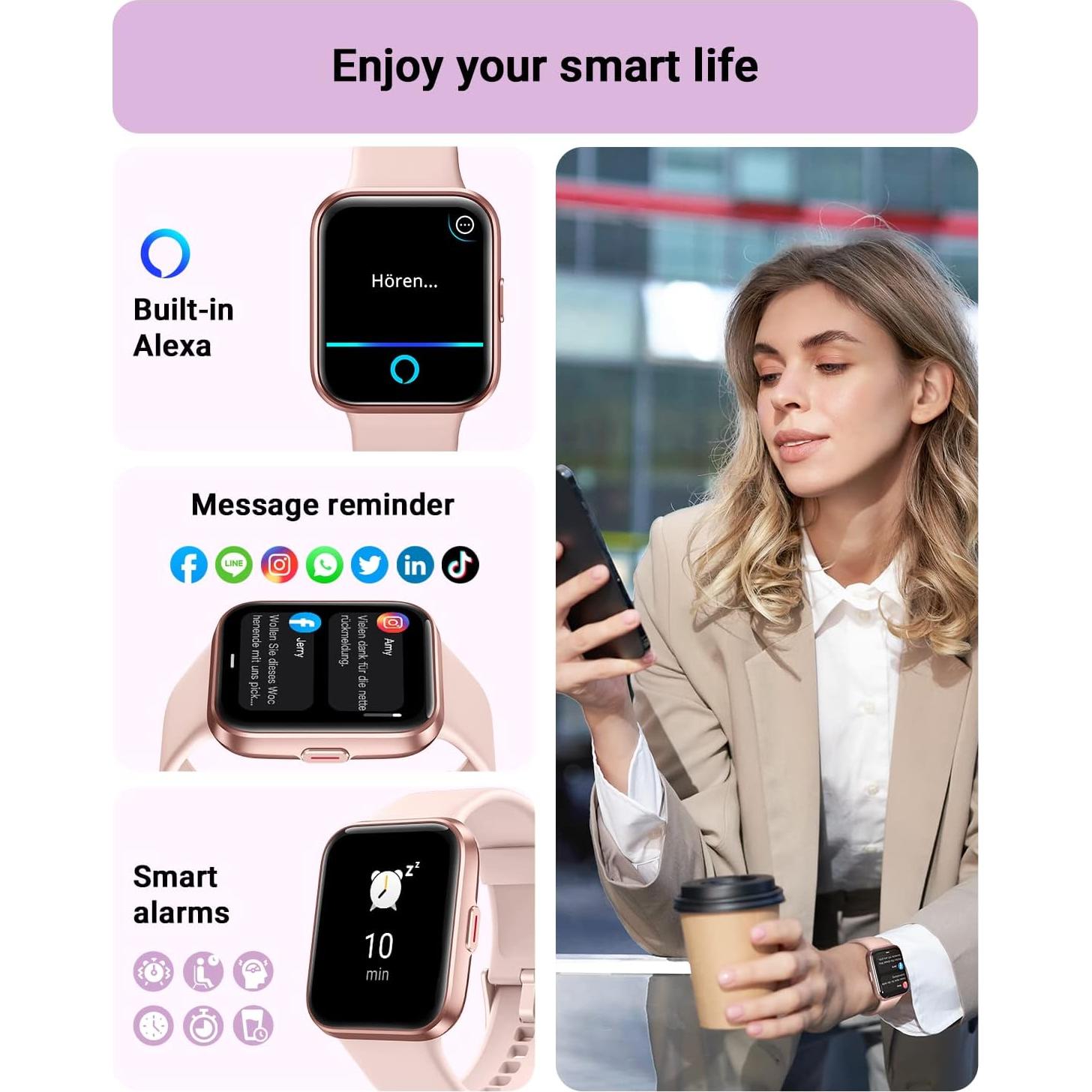 Reloj Inteligente Tensky 1.8" Rosa con Alexa y Fitness