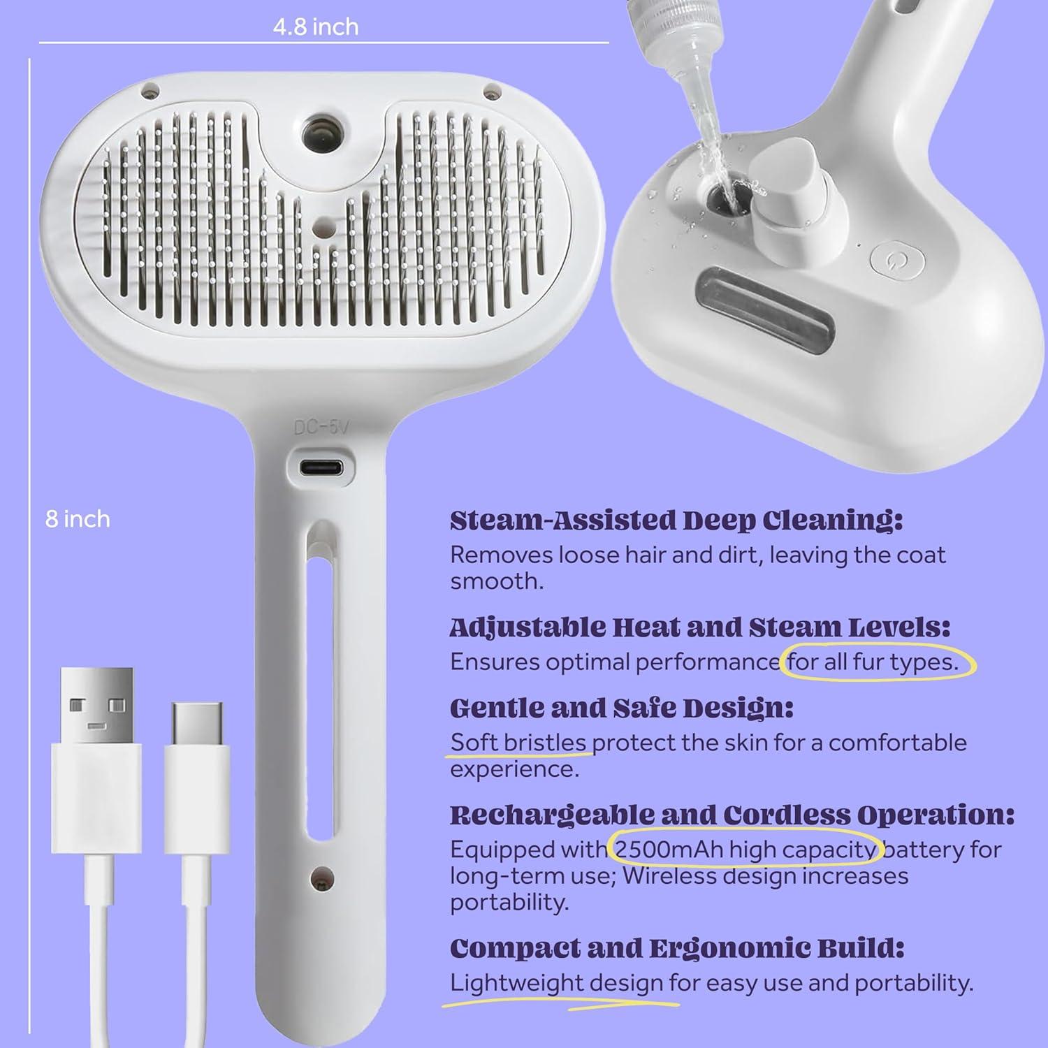 Cepillo de Vapor Recargable FONSUFA 3 en 1 para Gatos y Perros