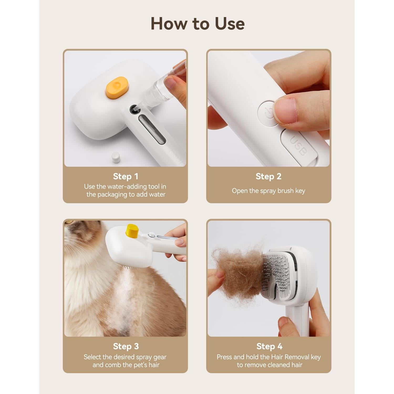 Cepillo de Vapor 3-en-1 ROJECO para Mascotas - Inalámbrico