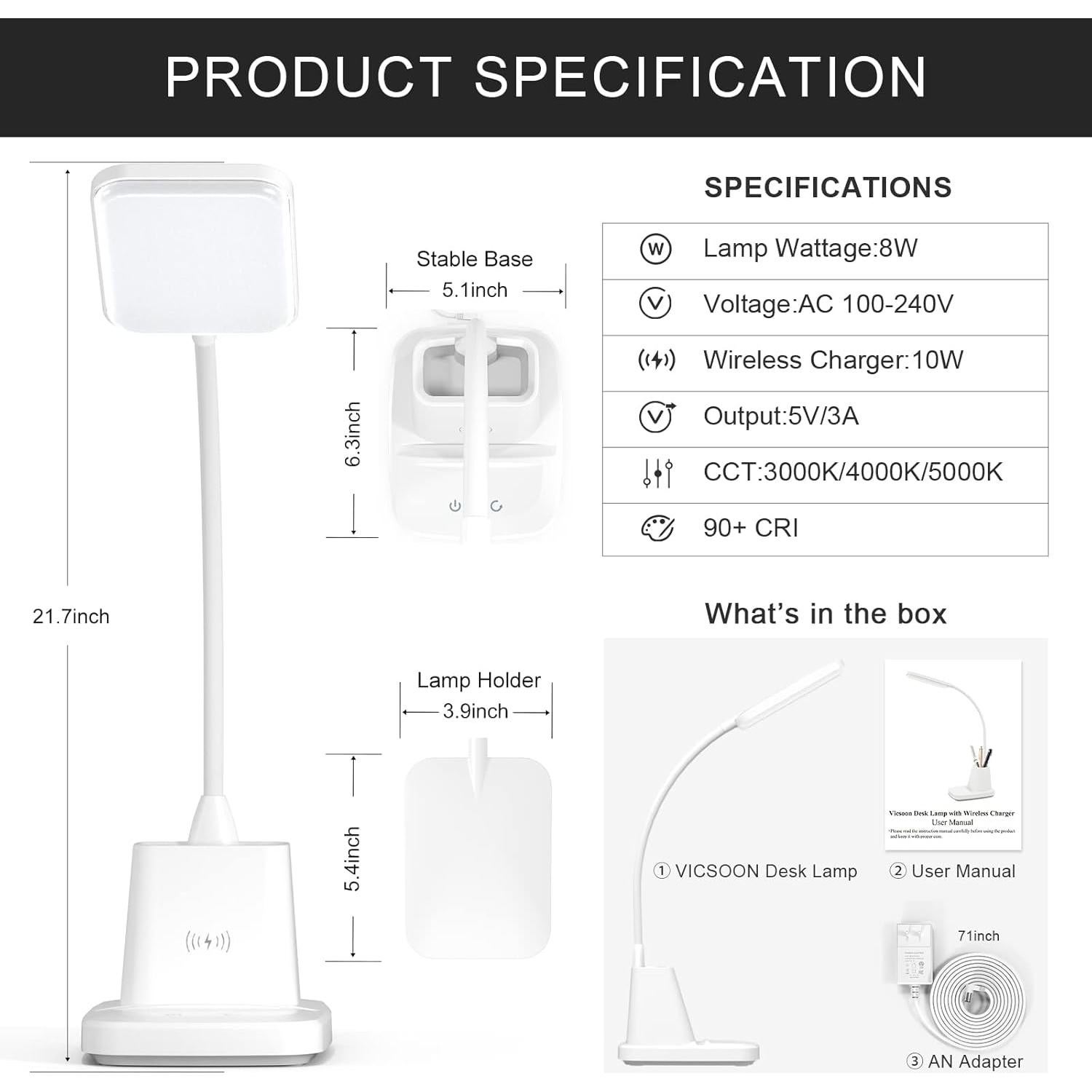 Lámpara de Escritorio LED Vicsoon con Cargador Inalámbrico 800LM
