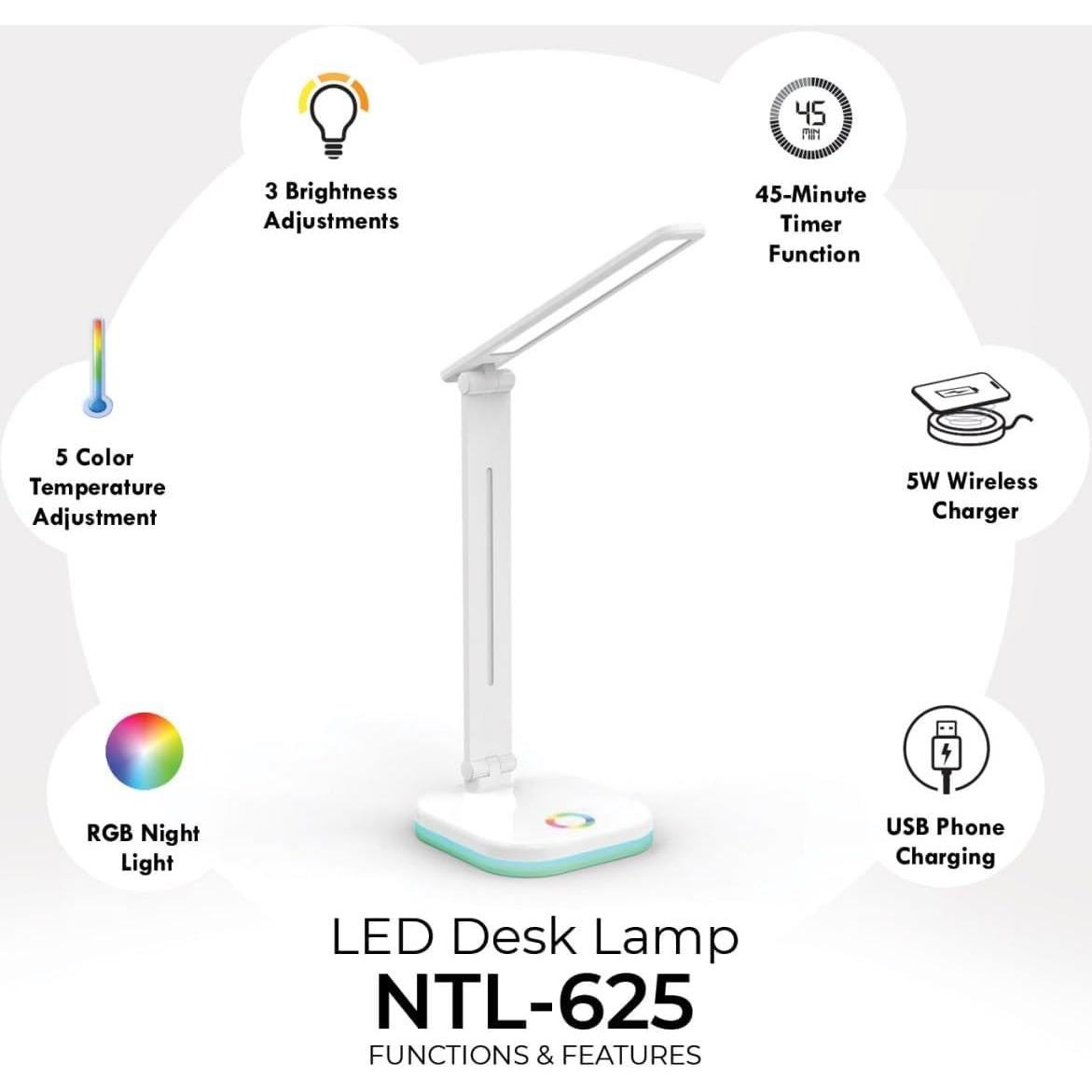 Lámpara de Escritorio LED Genérico NTL-625QI con Cargador Inalámbrico y USB